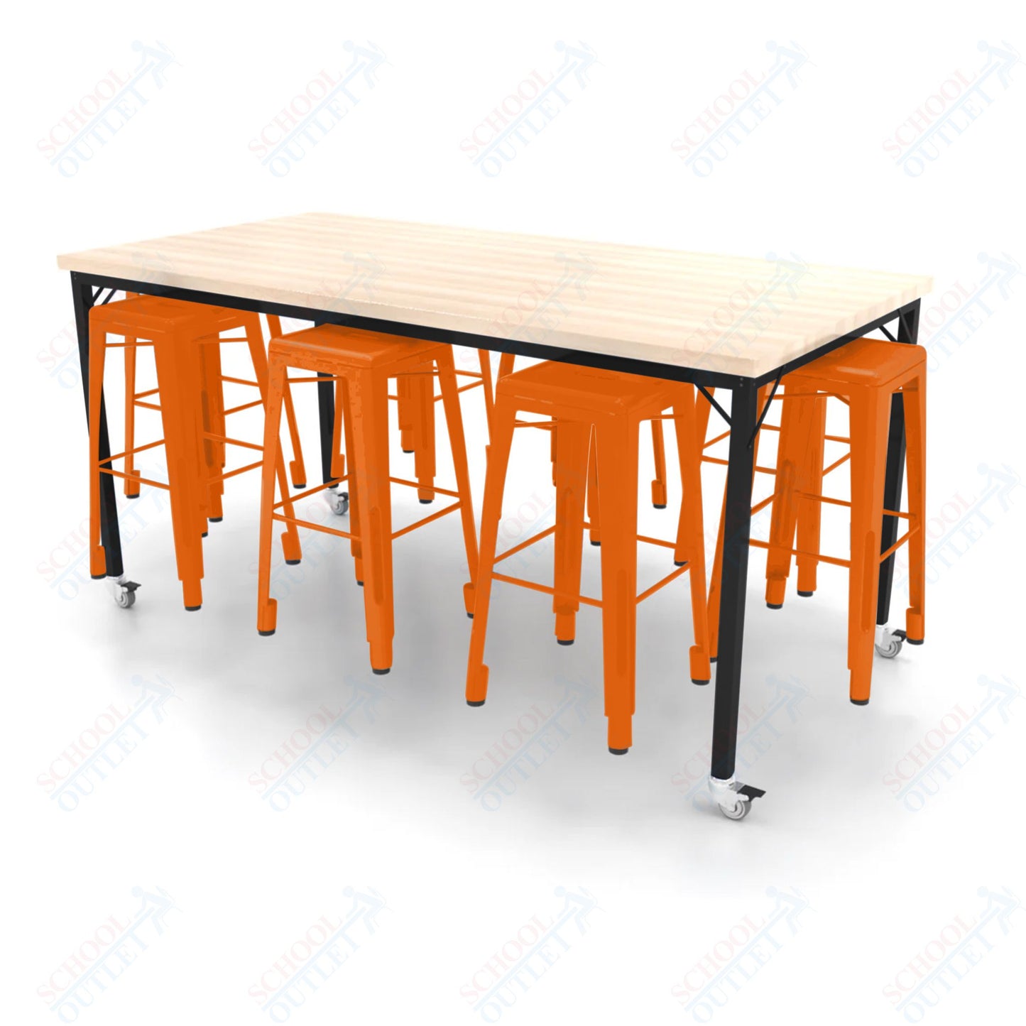 CEF Brainstorm Workbench 42"H with Butcher Block Top and Steel Frame, 8 Magnetic Metal Stools Included, for 6th Grade and Up - SchoolOutlet