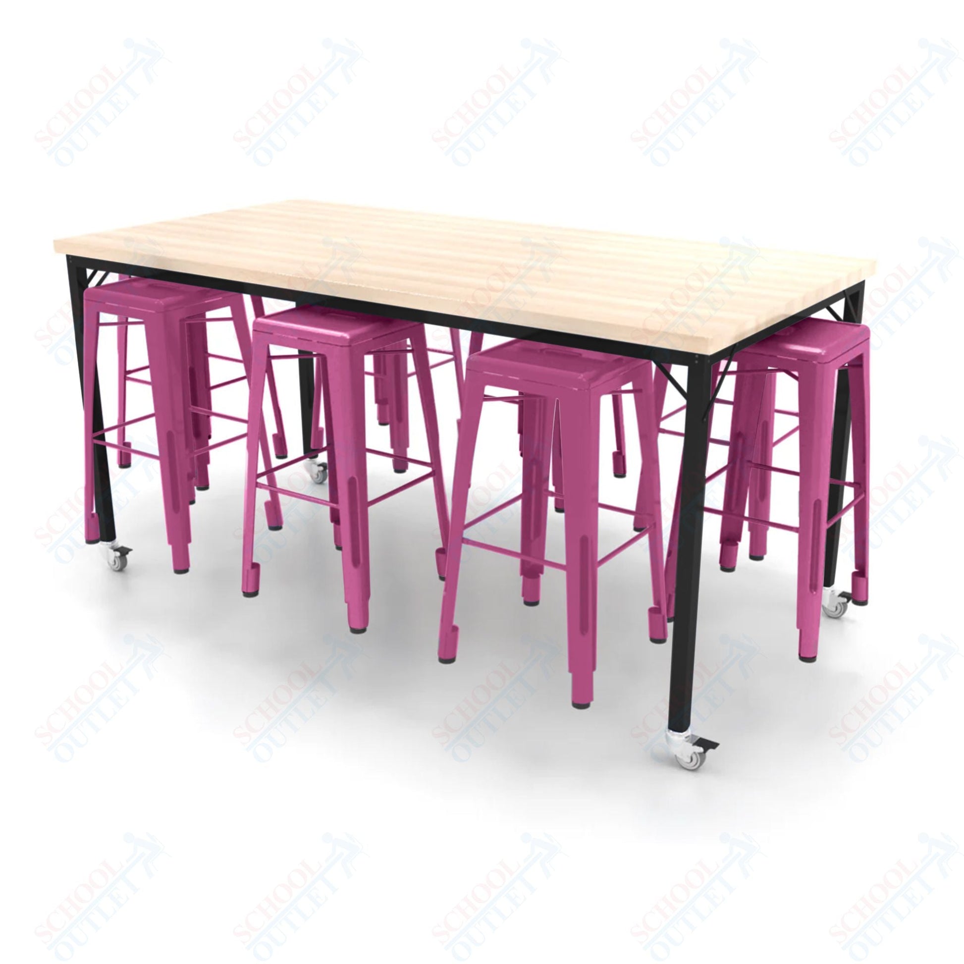 CEF Brainstorm Workbench 42"H with Butcher Block Top and Steel Frame, 8 Magnetic Metal Stools Included, for 6th Grade and Up - SchoolOutlet
