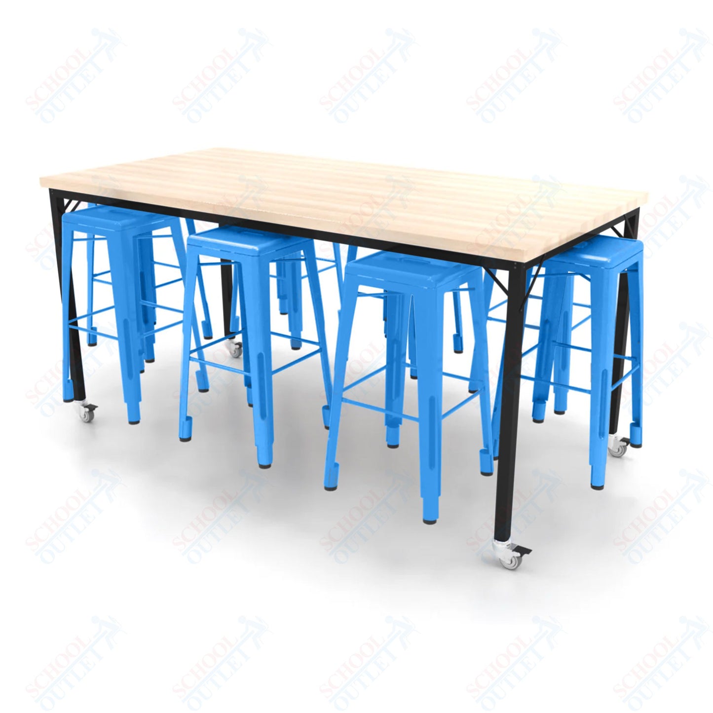 CEF Brainstorm Workbench 42"H with Butcher Block Top and Steel Frame, 8 Magnetic Metal Stools Included, for 6th Grade and Up - SchoolOutlet