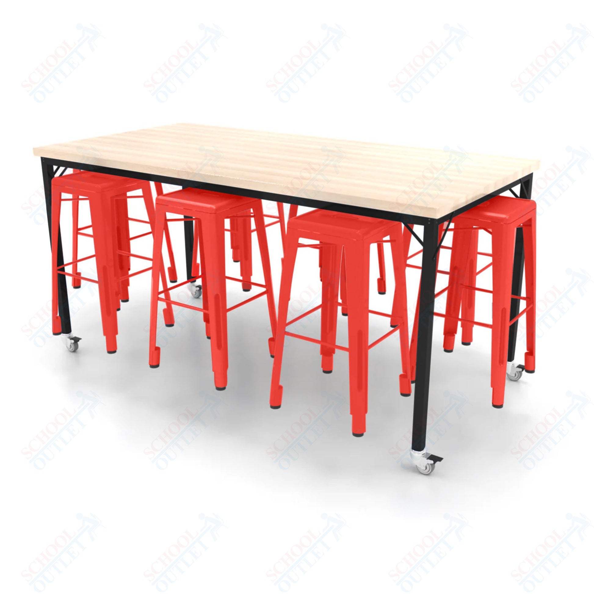 CEF Brainstorm Workbench 42"H with Butcher Block Top and Steel Frame, 8 Magnetic Metal Stools Included, for 6th Grade and Up - SchoolOutlet