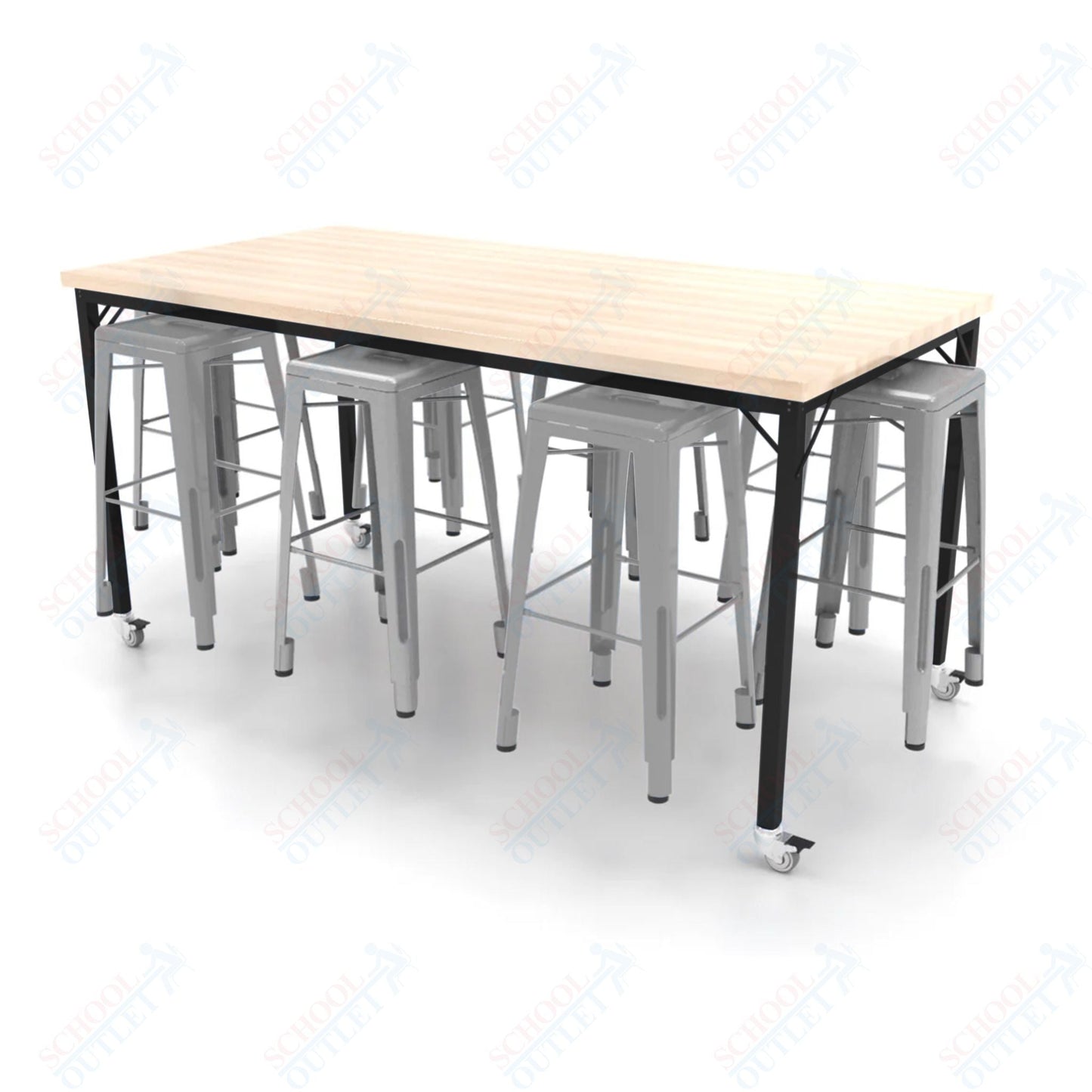 CEF Brainstorm Workbench 42"H with Butcher Block Top and Steel Frame, 8 Magnetic Metal Stools Included, for 6th Grade and Up - SchoolOutlet