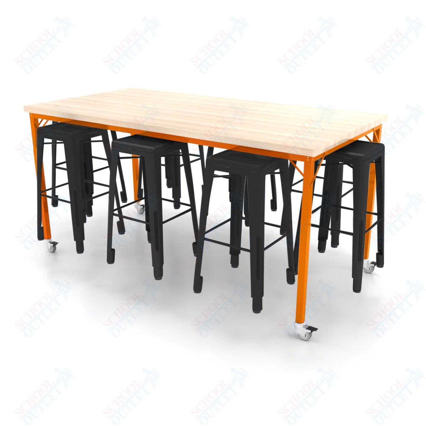 CEF Brainstorm Workbench 42"H with Butcher Block Top and Steel Frame, 8 Magnetic Metal Stools Included, for 6th Grade and Up - SchoolOutlet