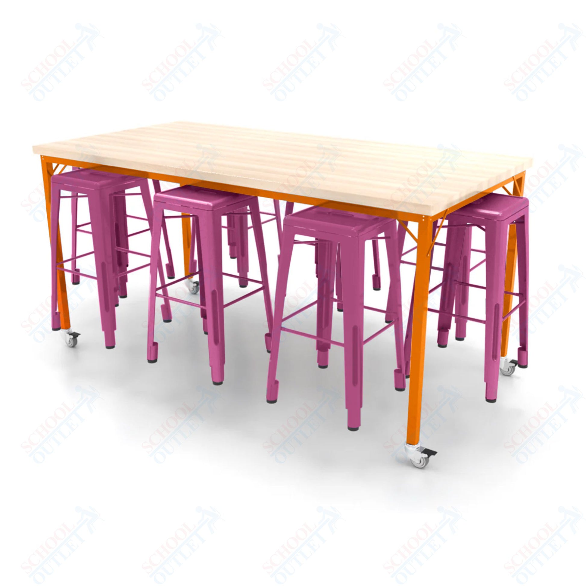 CEF Brainstorm Workbench 42"H with Butcher Block Top and Steel Frame, 8 Magnetic Metal Stools Included, for 6th Grade and Up - SchoolOutlet