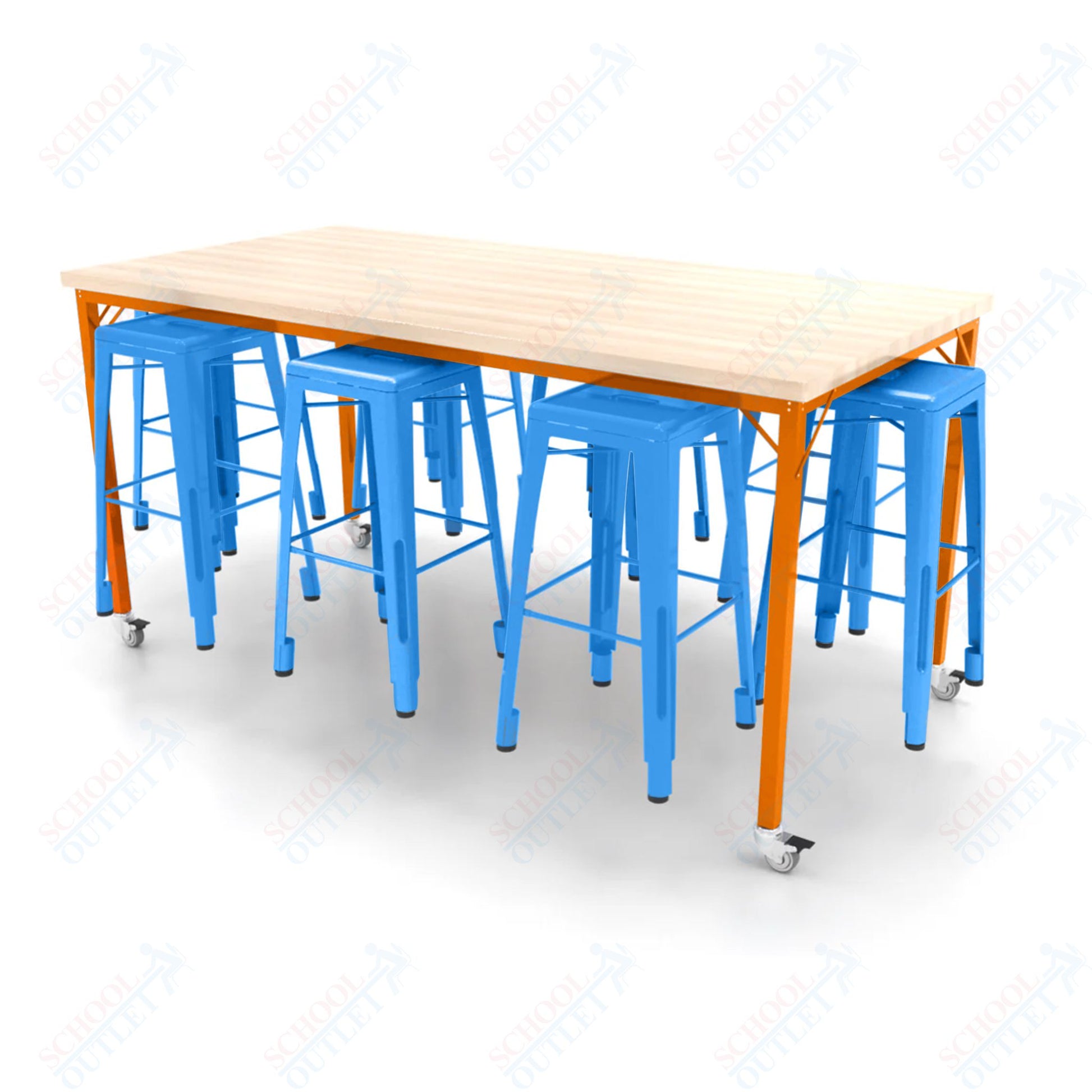 CEF Brainstorm Workbench 42"H with Butcher Block Top and Steel Frame, 8 Magnetic Metal Stools Included, for 6th Grade and Up - SchoolOutlet