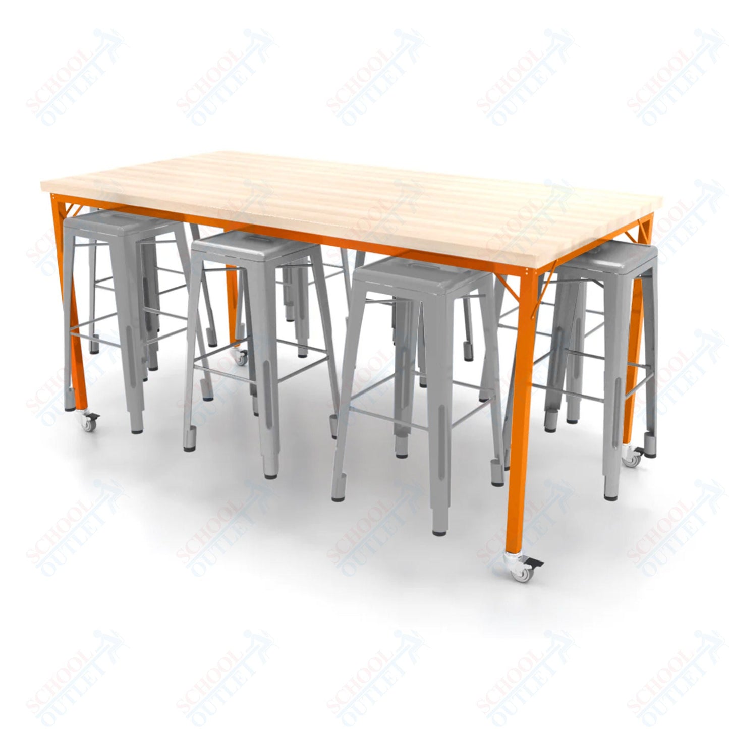 CEF Brainstorm Workbench 42"H with Butcher Block Top and Steel Frame, 8 Magnetic Metal Stools Included, for 6th Grade and Up - SchoolOutlet