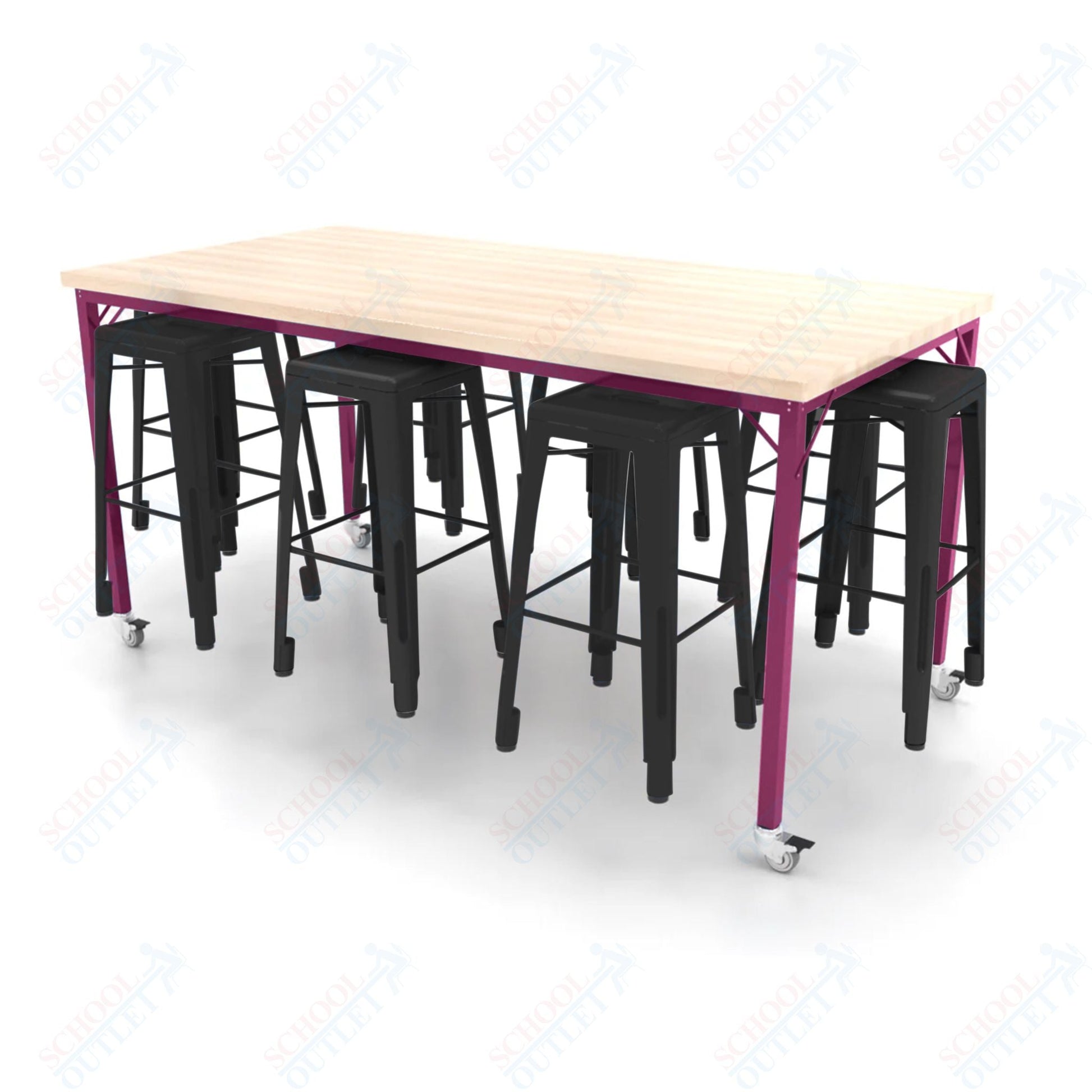CEF Brainstorm Workbench 42"H with Butcher Block Top and Steel Frame, 8 Magnetic Metal Stools Included, for 6th Grade and Up - SchoolOutlet