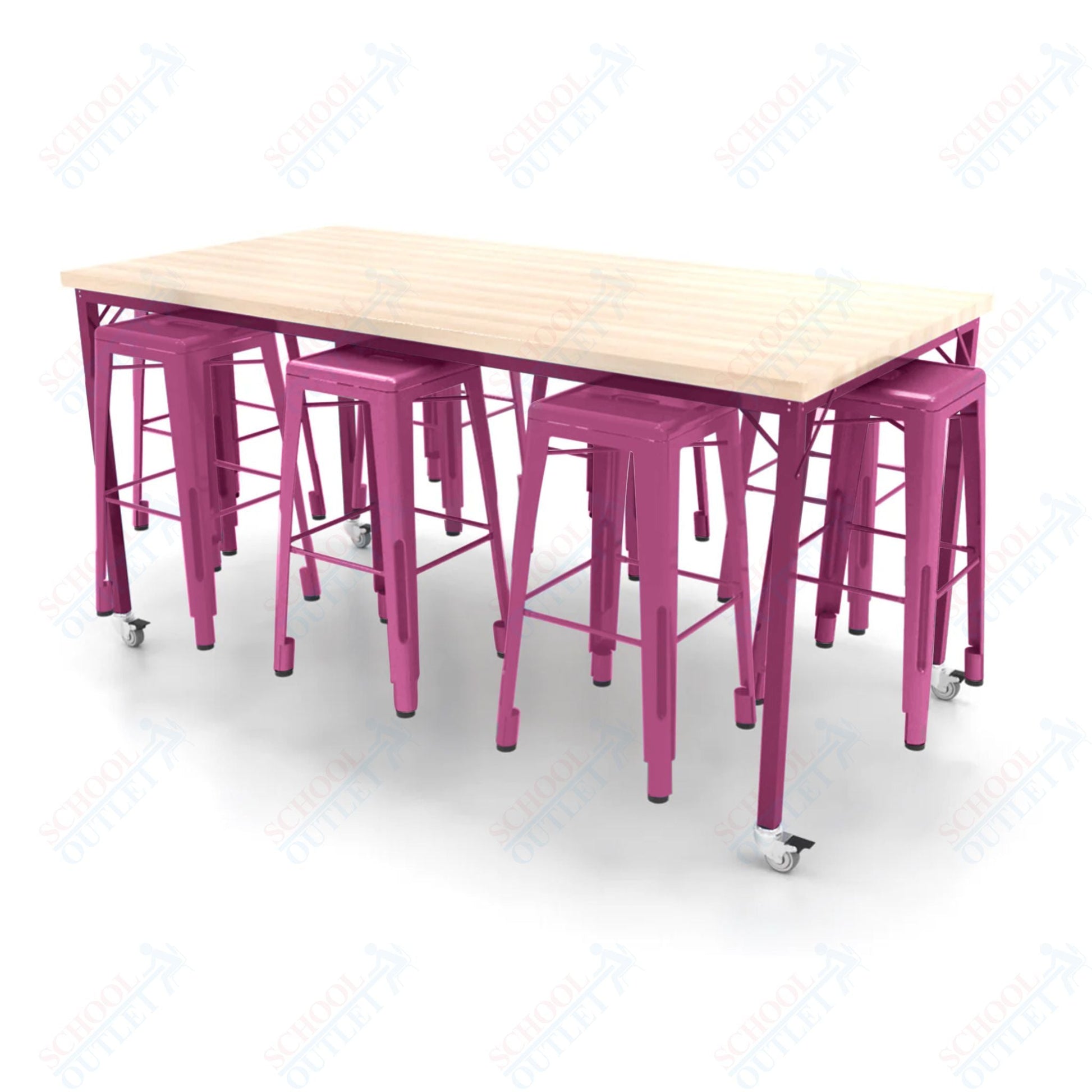 CEF Brainstorm Workbench 42"H with Butcher Block Top and Steel Frame, 8 Magnetic Metal Stools Included, for 6th Grade and Up - SchoolOutlet