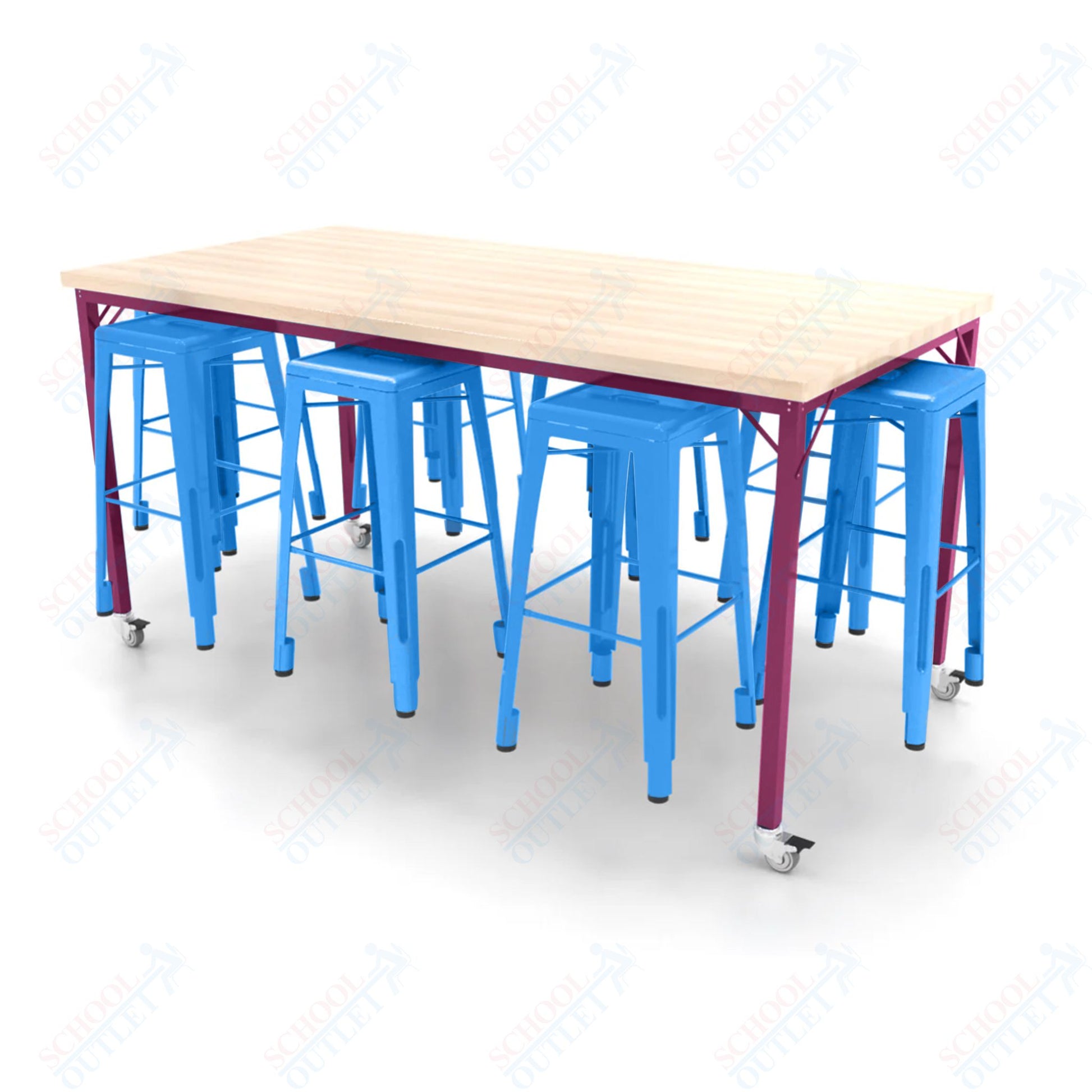 CEF Brainstorm Workbench 42"H with Butcher Block Top and Steel Frame, 8 Magnetic Metal Stools Included, for 6th Grade and Up - SchoolOutlet