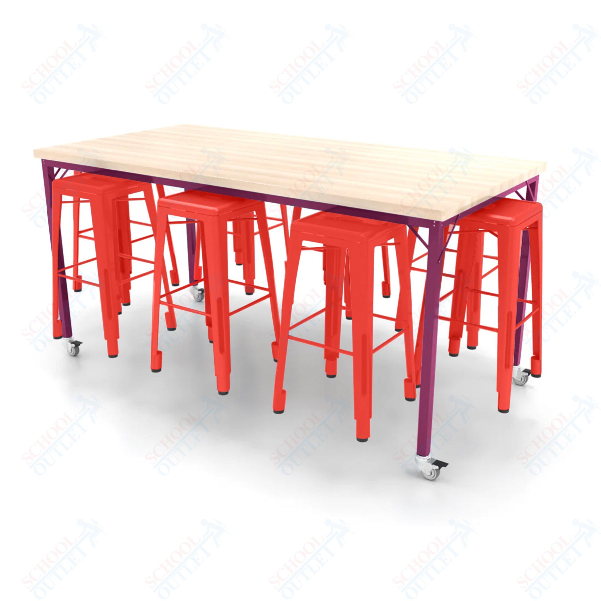 CEF Brainstorm Workbench 42"H with Butcher Block Top and Steel Frame, 8 Magnetic Metal Stools Included, for 6th Grade and Up - SchoolOutlet