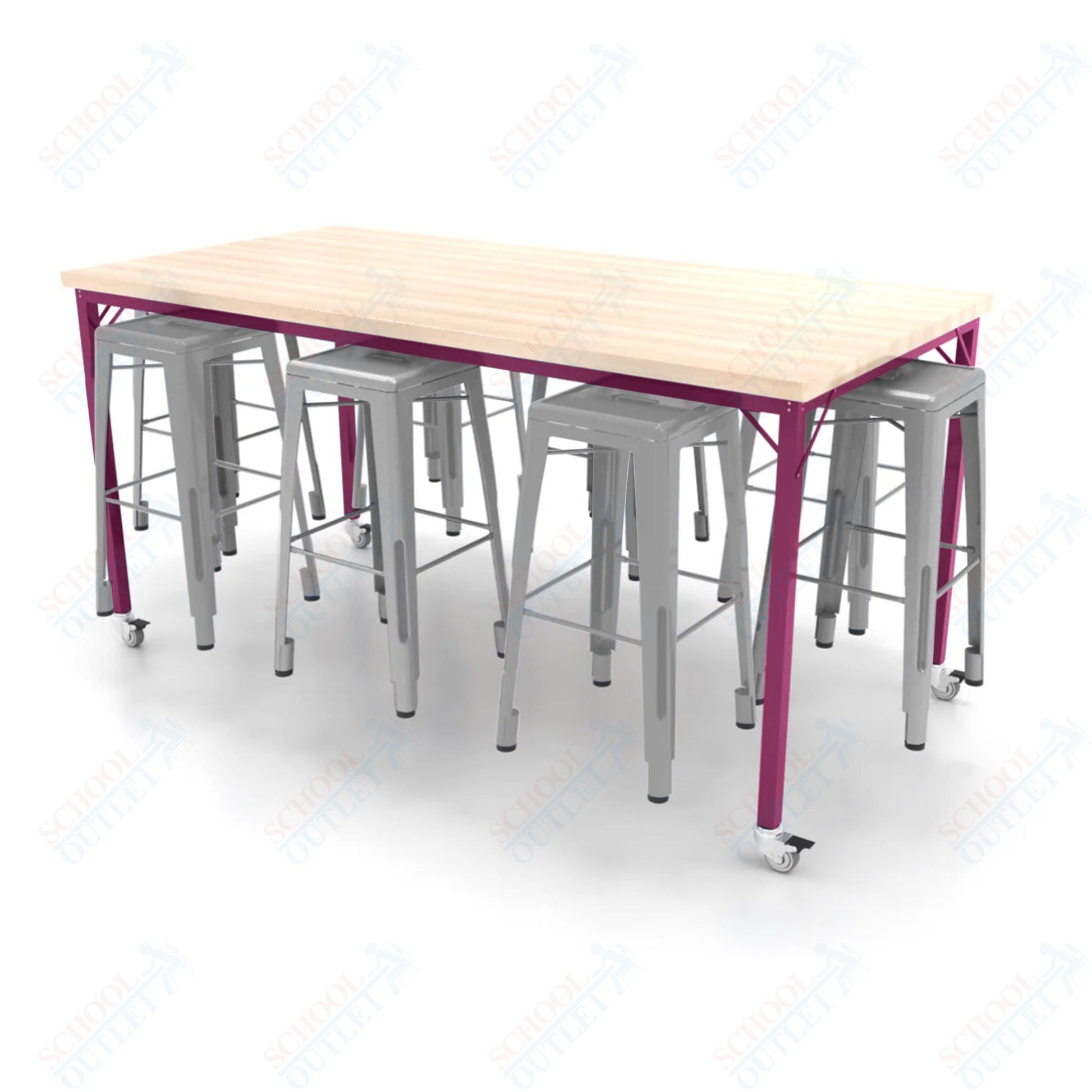 CEF Brainstorm Workbench 42"H with Butcher Block Top and Steel Frame, 8 Magnetic Metal Stools Included, for 6th Grade and Up - SchoolOutlet