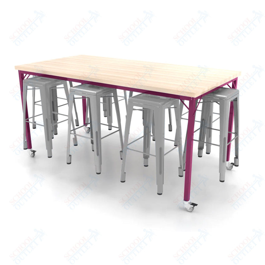 CEF Brainstorm Workbench 42"H with Butcher Block Top and Steel Frame, 8 Magnetic Metal Stools Included, for 6th Grade and Up - SchoolOutlet