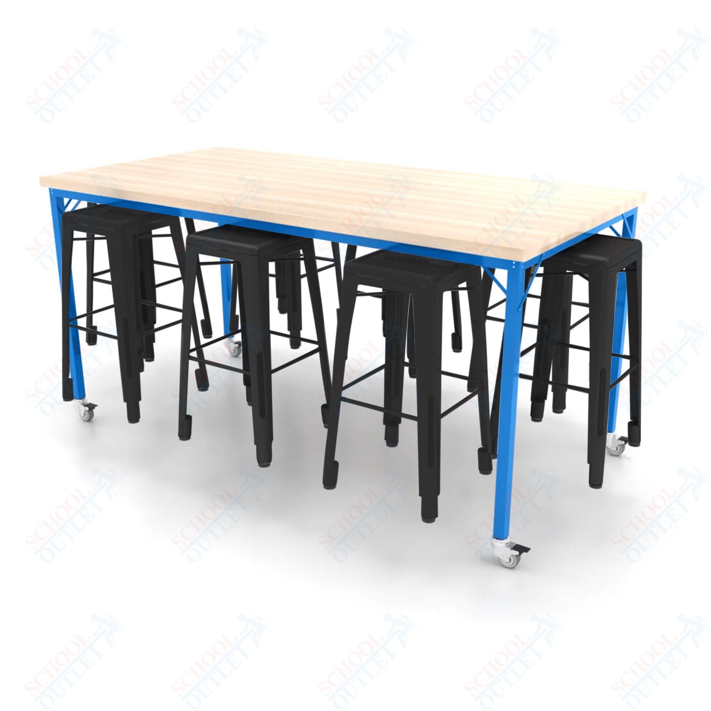 CEF Brainstorm Workbench 42"H with Butcher Block Top and Steel Frame, 8 Magnetic Metal Stools Included, for 6th Grade and Up - SchoolOutlet