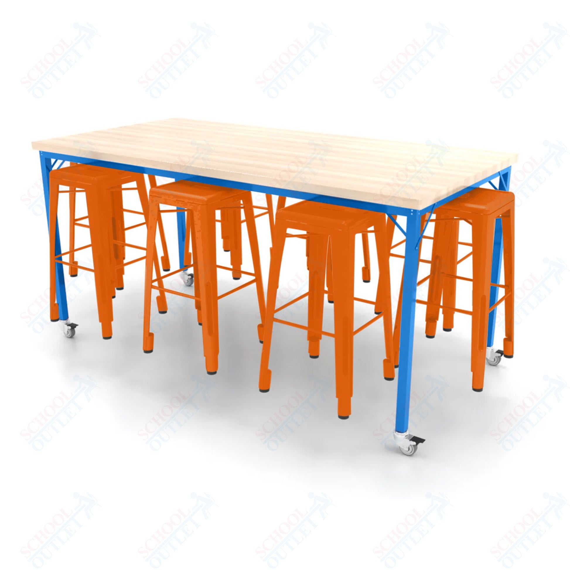 CEF Brainstorm Workbench 42"H with Butcher Block Top and Steel Frame, 8 Magnetic Metal Stools Included, for 6th Grade and Up - SchoolOutlet