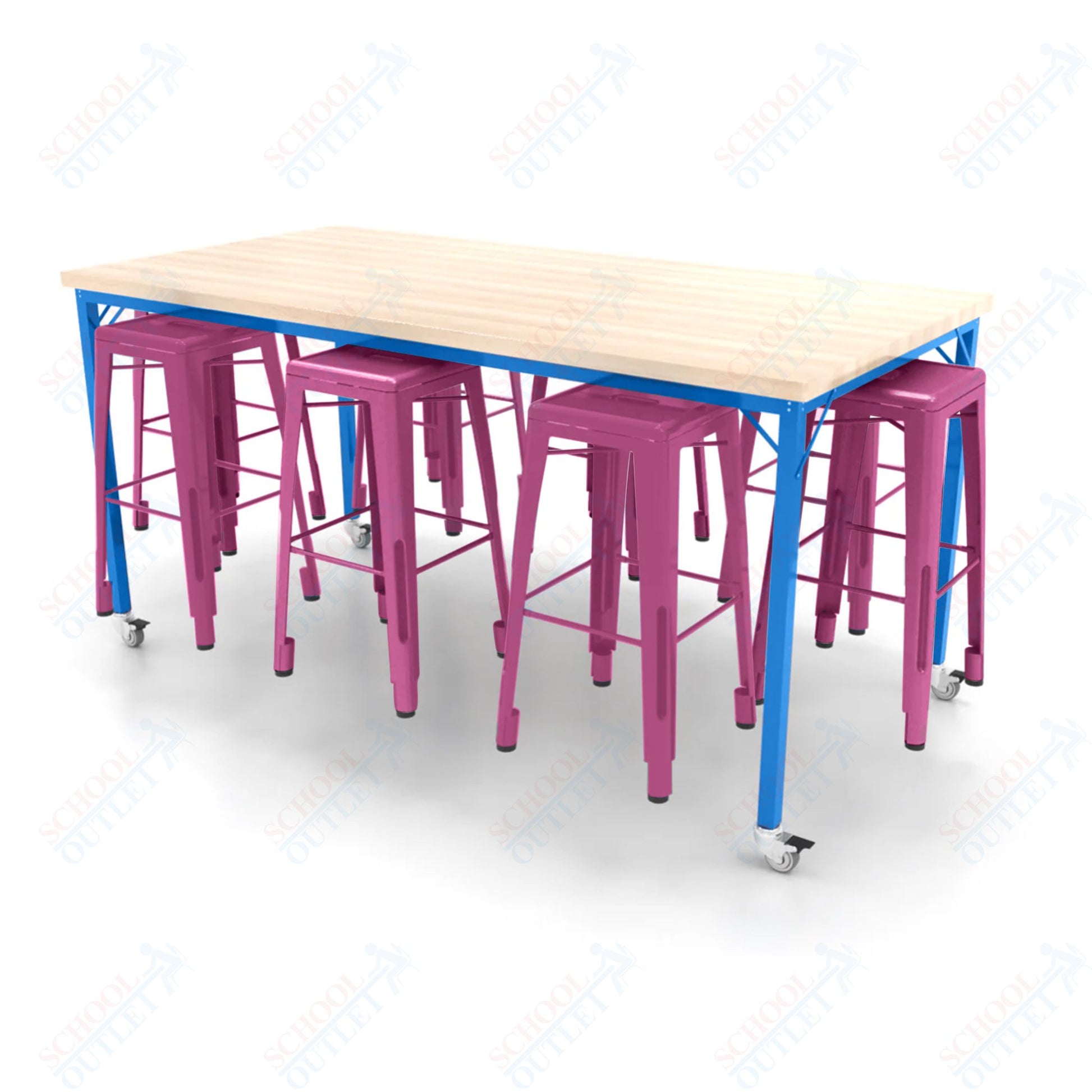 CEF Brainstorm Workbench 42"H with Butcher Block Top and Steel Frame, 8 Magnetic Metal Stools Included, for 6th Grade and Up - SchoolOutlet