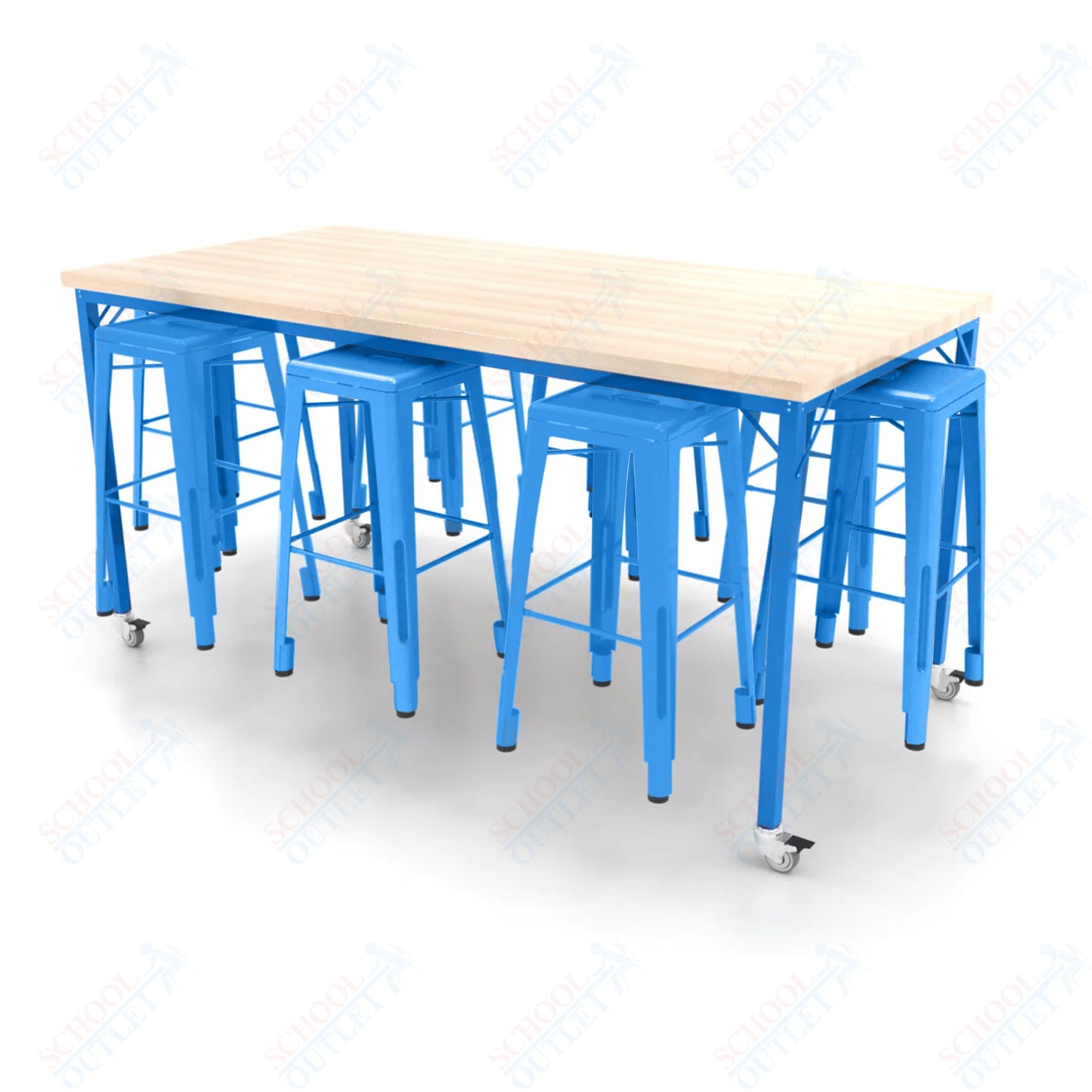 CEF Brainstorm Workbench 42"H with Butcher Block Top and Steel Frame, 8 Magnetic Metal Stools Included, for 6th Grade and Up - SchoolOutlet