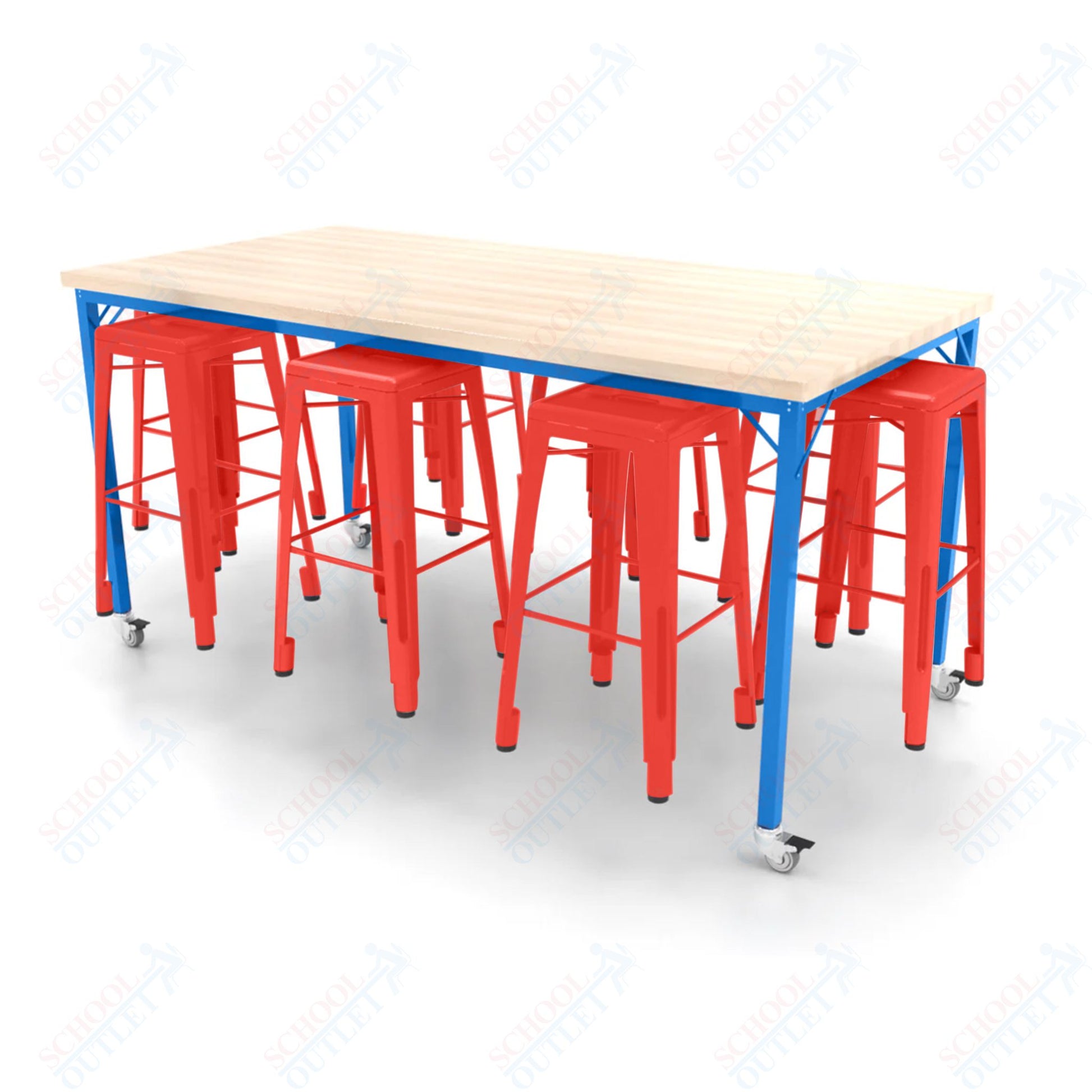 CEF Brainstorm Workbench 42"H with Butcher Block Top and Steel Frame, 8 Magnetic Metal Stools Included, for 6th Grade and Up - SchoolOutlet