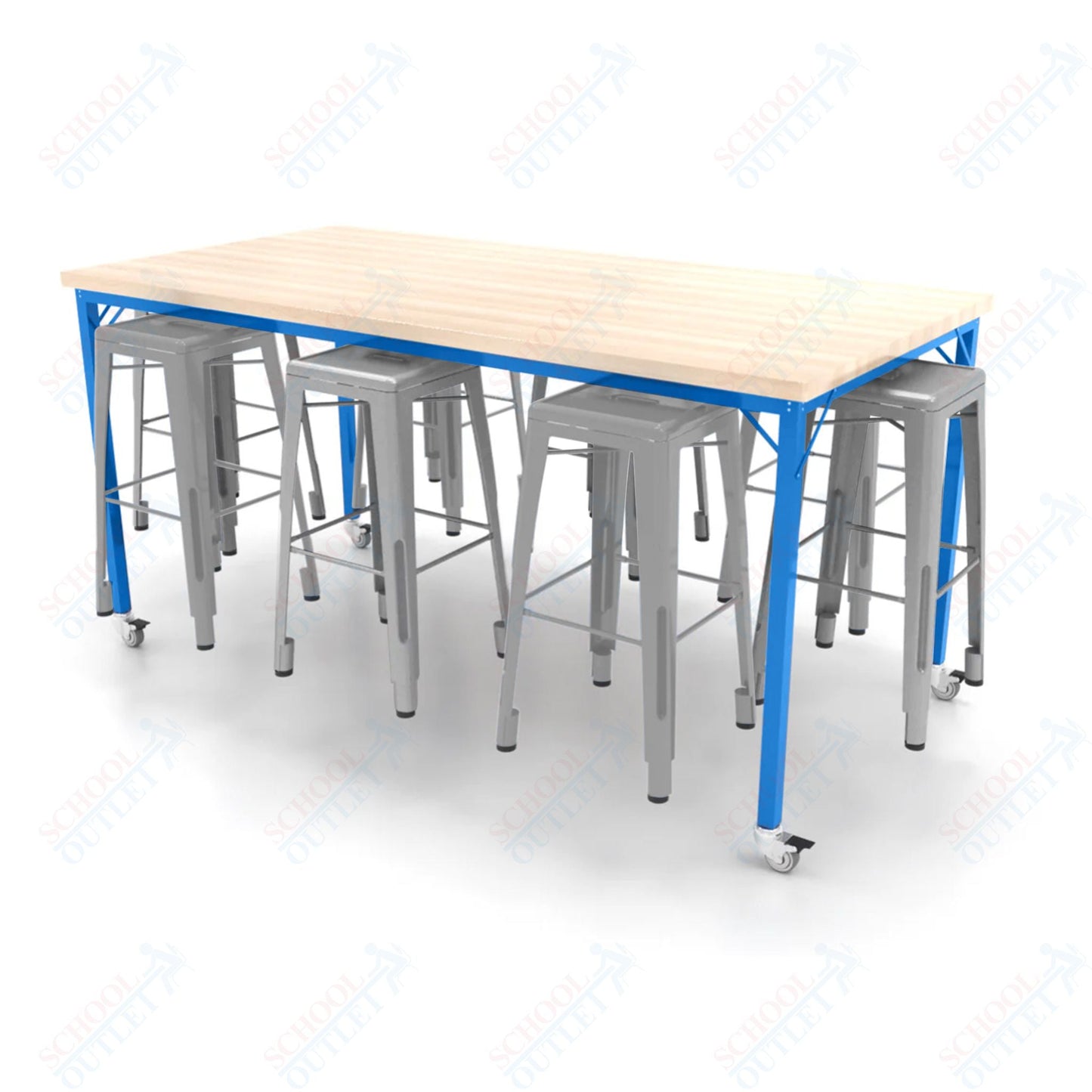 CEF Brainstorm Workbench 42"H with Butcher Block Top and Steel Frame, 8 Magnetic Metal Stools Included, for 6th Grade and Up - SchoolOutlet