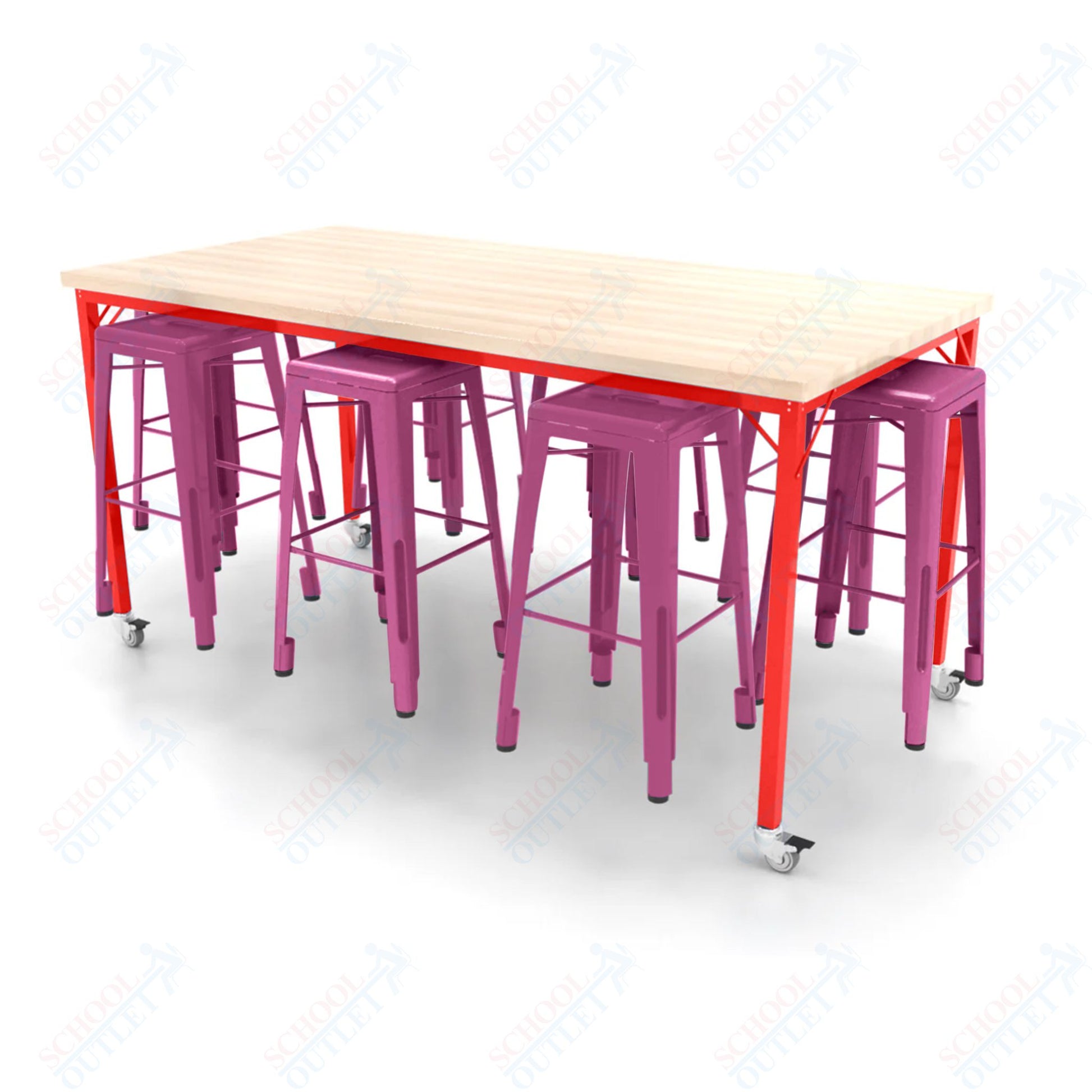 CEF Brainstorm Workbench 42"H with Butcher Block Top and Steel Frame, 8 Magnetic Metal Stools Included, for 6th Grade and Up - SchoolOutlet