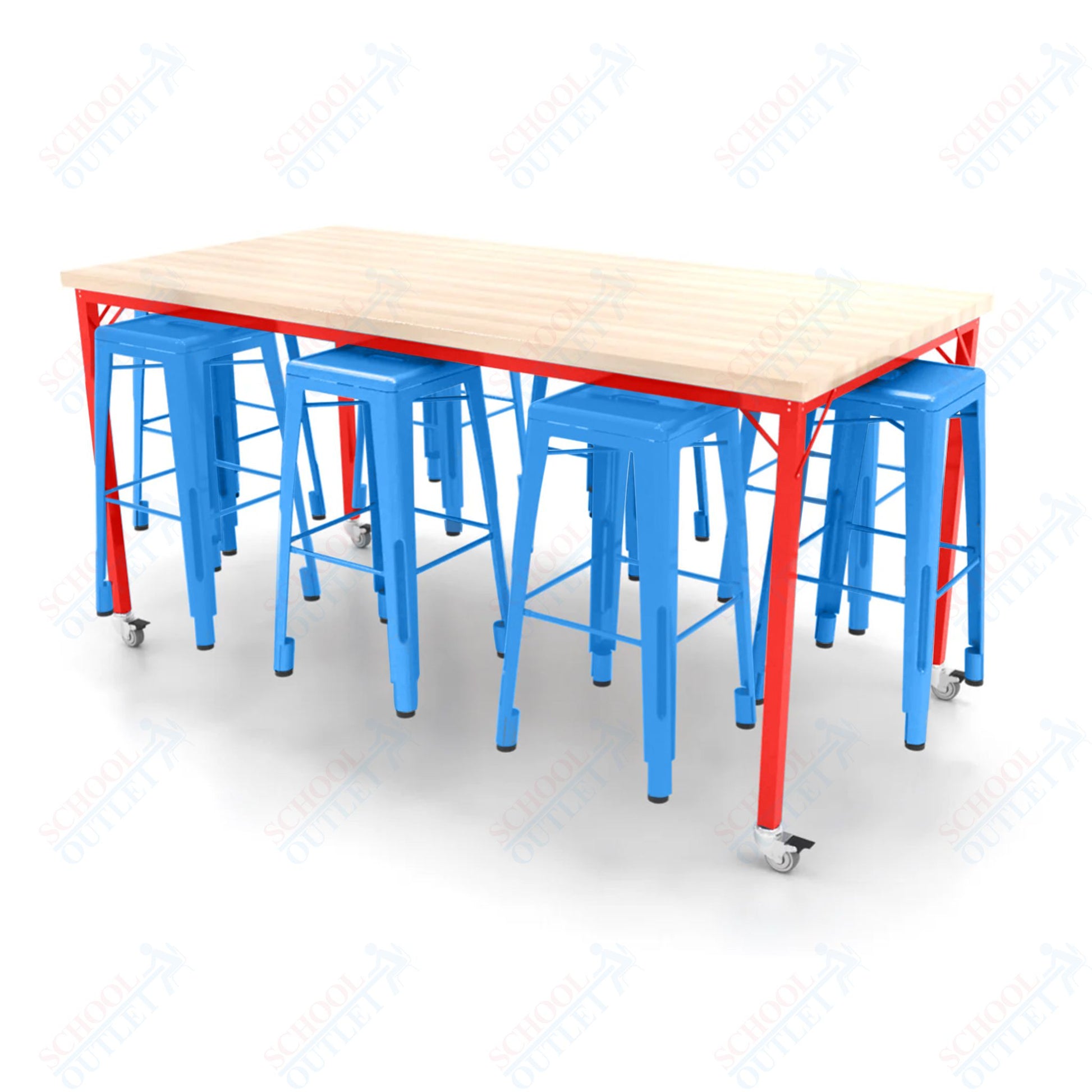 CEF Brainstorm Workbench 42"H with Butcher Block Top and Steel Frame, 8 Magnetic Metal Stools Included, for 6th Grade and Up - SchoolOutlet