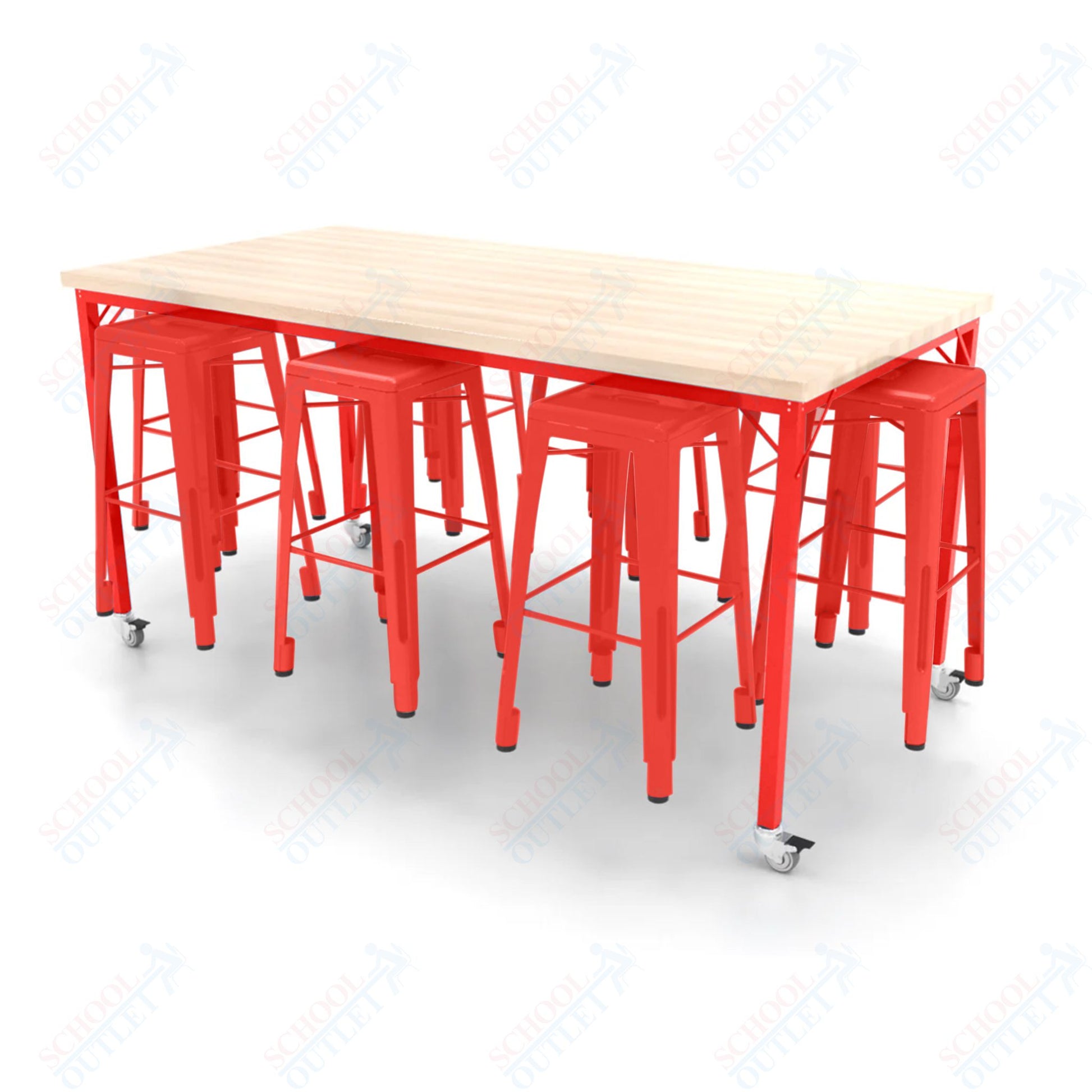 CEF Brainstorm Workbench 42"H with Butcher Block Top and Steel Frame, 8 Magnetic Metal Stools Included, for 6th Grade and Up - SchoolOutlet