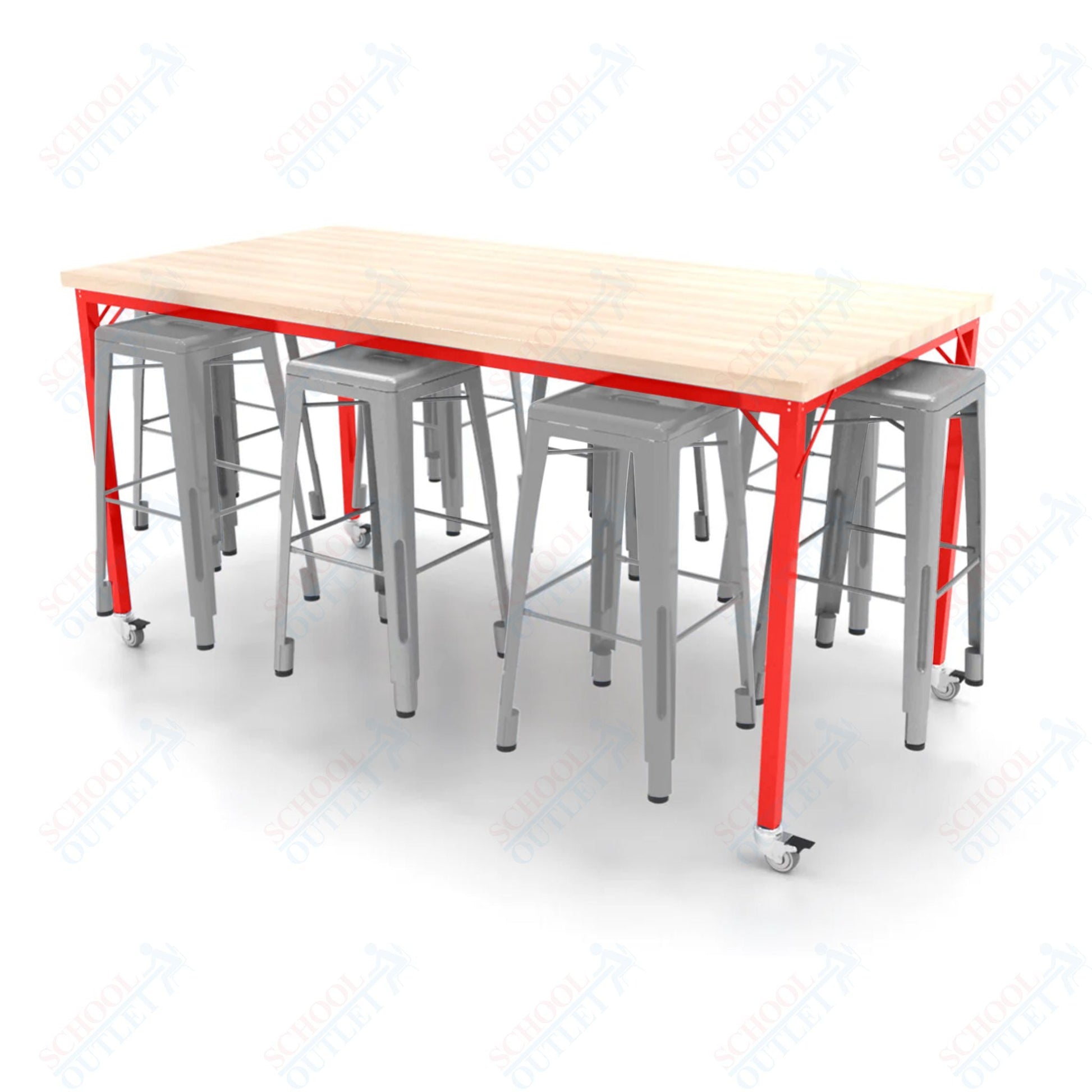 CEF Brainstorm Workbench 42"H with Butcher Block Top and Steel Frame, 8 Magnetic Metal Stools Included, for 6th Grade and Up - SchoolOutlet