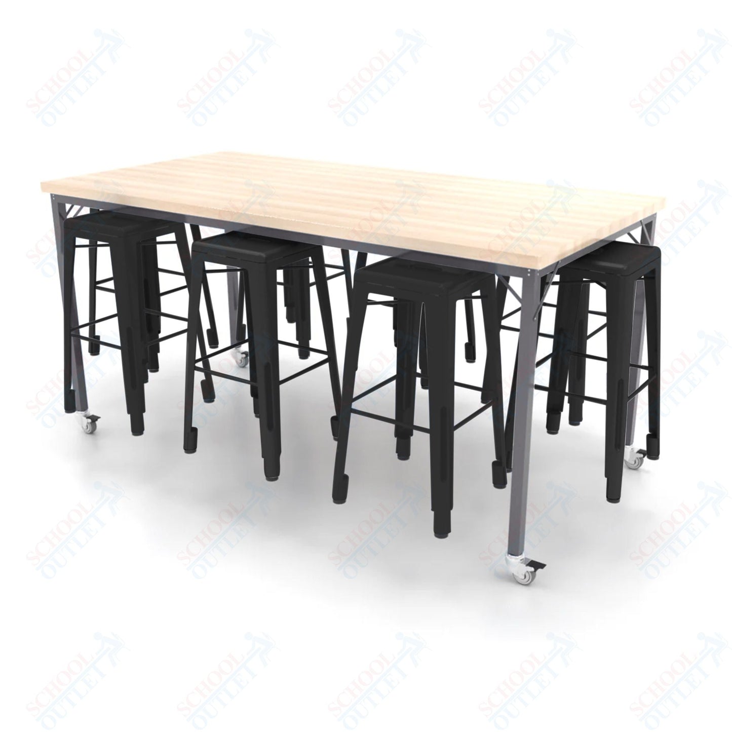 CEF Brainstorm Workbench 42"H with Butcher Block Top and Steel Frame, 8 Magnetic Metal Stools Included, for 6th Grade and Up - SchoolOutlet