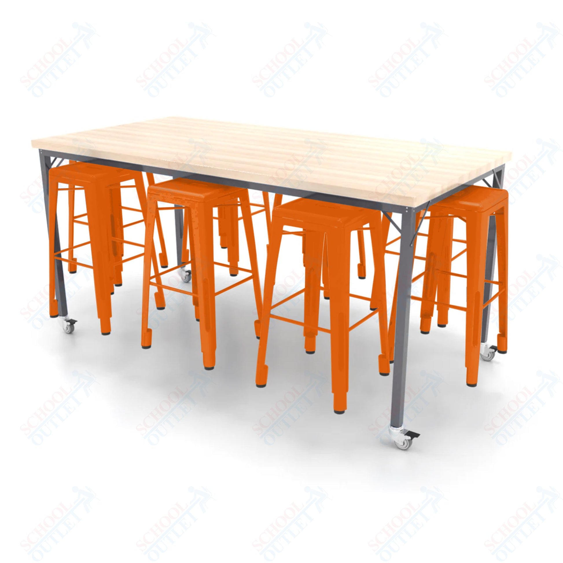 CEF Brainstorm Workbench 42"H with Butcher Block Top and Steel Frame, 8 Magnetic Metal Stools Included, for 6th Grade and Up - SchoolOutlet