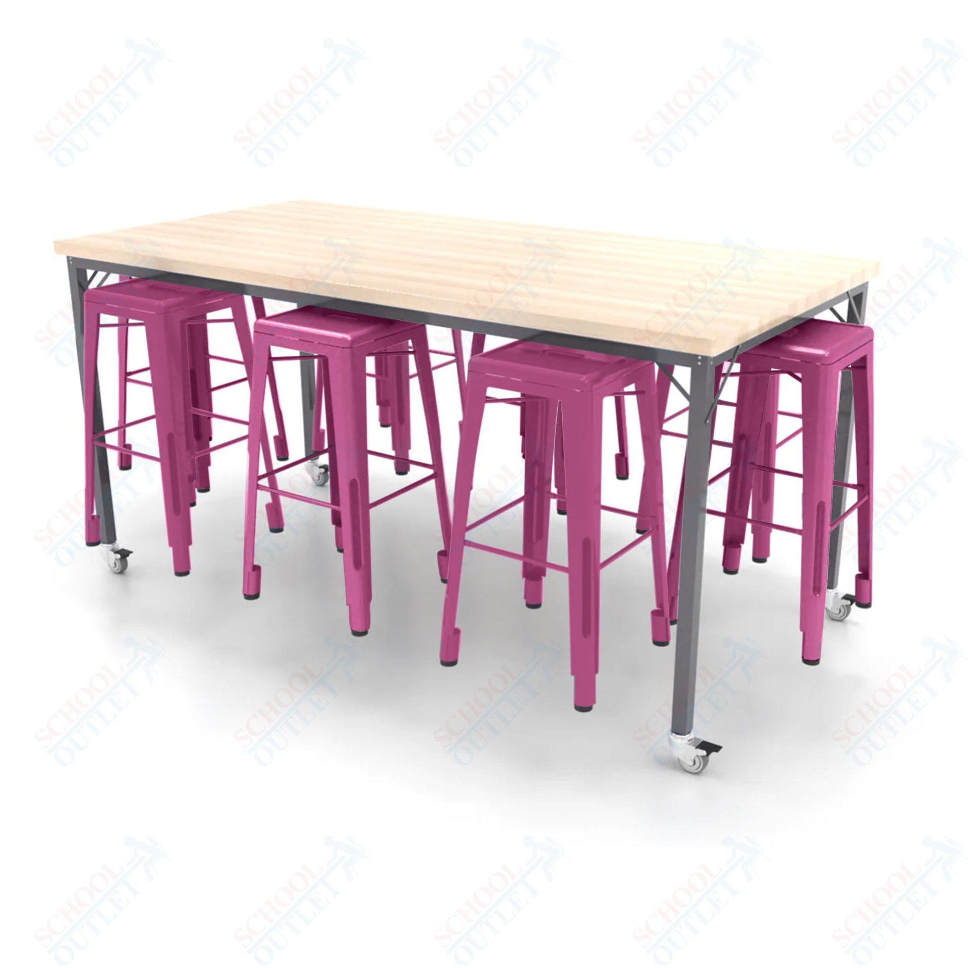 CEF Brainstorm Workbench 42"H with Butcher Block Top and Steel Frame, 8 Magnetic Metal Stools Included, for 6th Grade and Up - SchoolOutlet