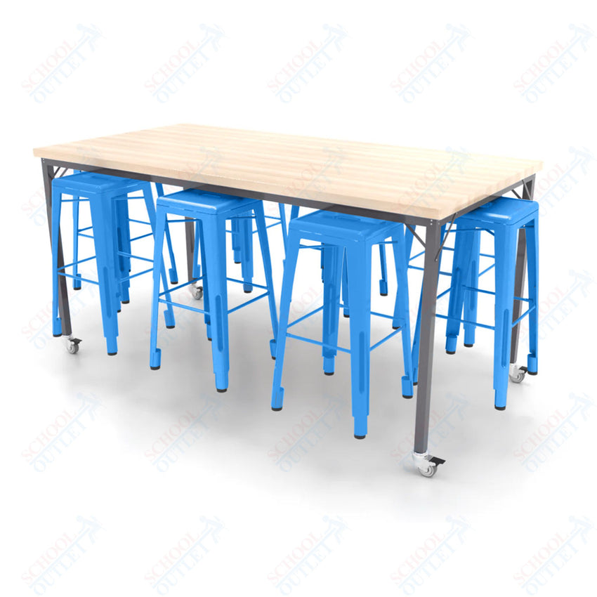 CEF Brainstorm Workbench 42"H with Butcher Block Top and Steel Frame, 8 Magnetic Metal Stools Included, for 6th Grade and Up - SchoolOutlet