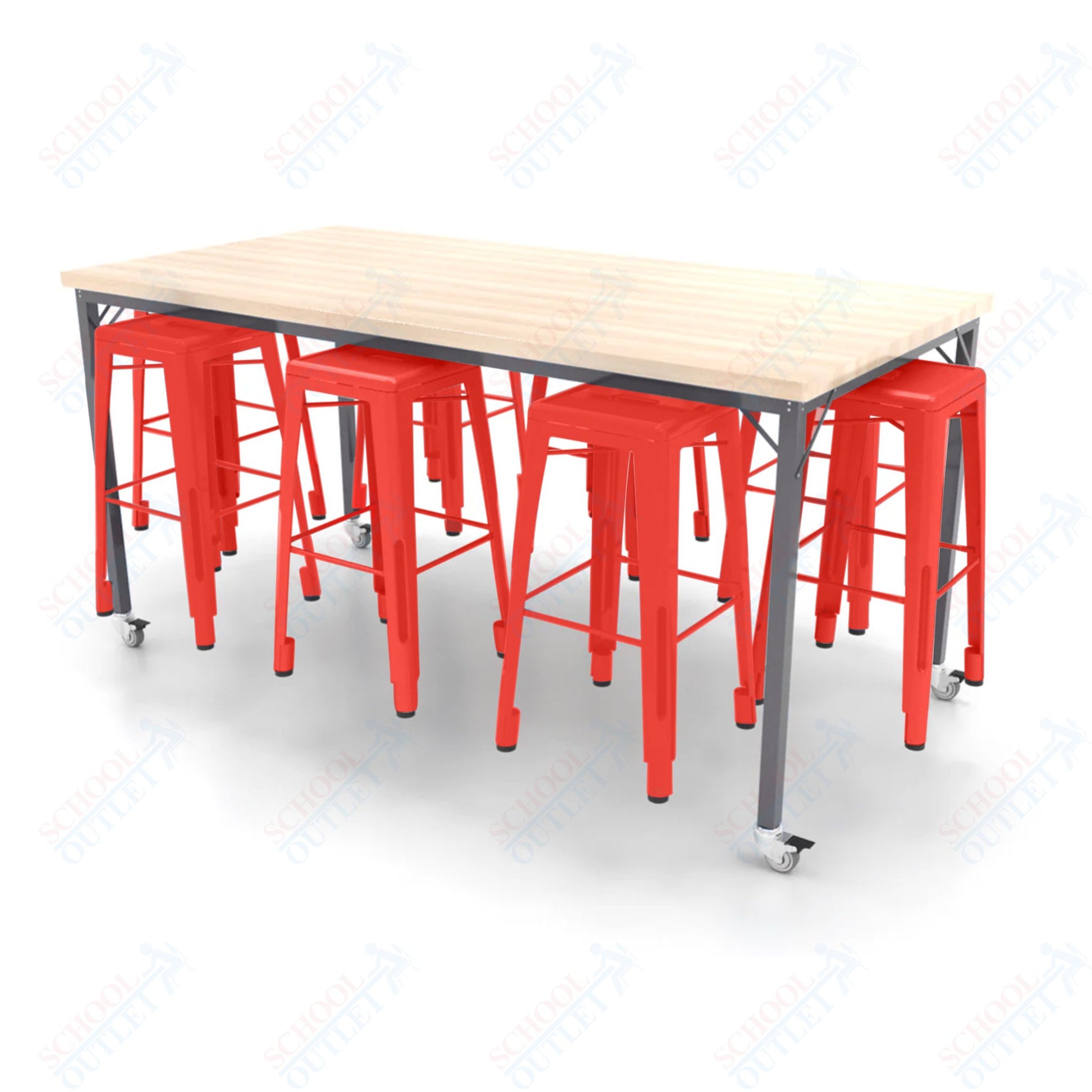 CEF Brainstorm Workbench 42"H with Butcher Block Top and Steel Frame, 8 Magnetic Metal Stools Included, for 6th Grade and Up - SchoolOutlet