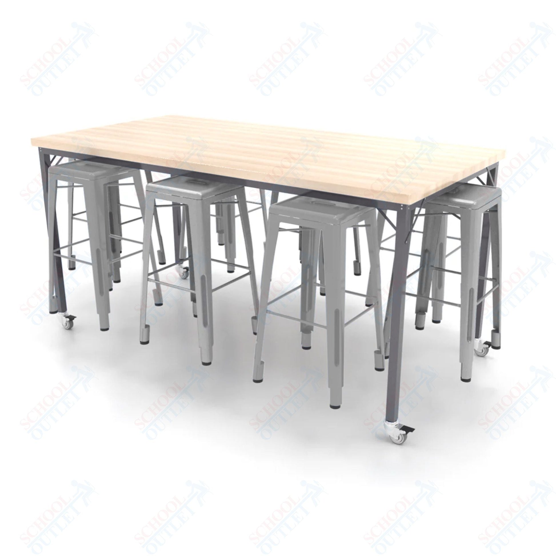 CEF Brainstorm Workbench 42"H with Butcher Block Top and Steel Frame, 8 Magnetic Metal Stools Included, for 6th Grade and Up - SchoolOutlet