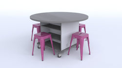 CEF Creation Cube Double-Sided Storage Table - 30"H, High-Pressure Laminate Base and Round Top - 4 Metal Stools Included