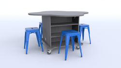 CEF Creation Cube Double-Sided Storage Table - 30"H, High-Pressure Laminate Base and Clover Top - 4 Metal Stools Included