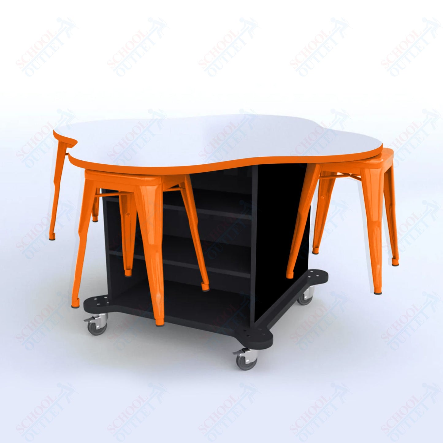 CEF Creation Cube Double - Sided Storage Table - 30"H, White Dry Erase Clover Top, High - Pressure Laminate Base and 4 Metal Stools Included - SchoolOutlet