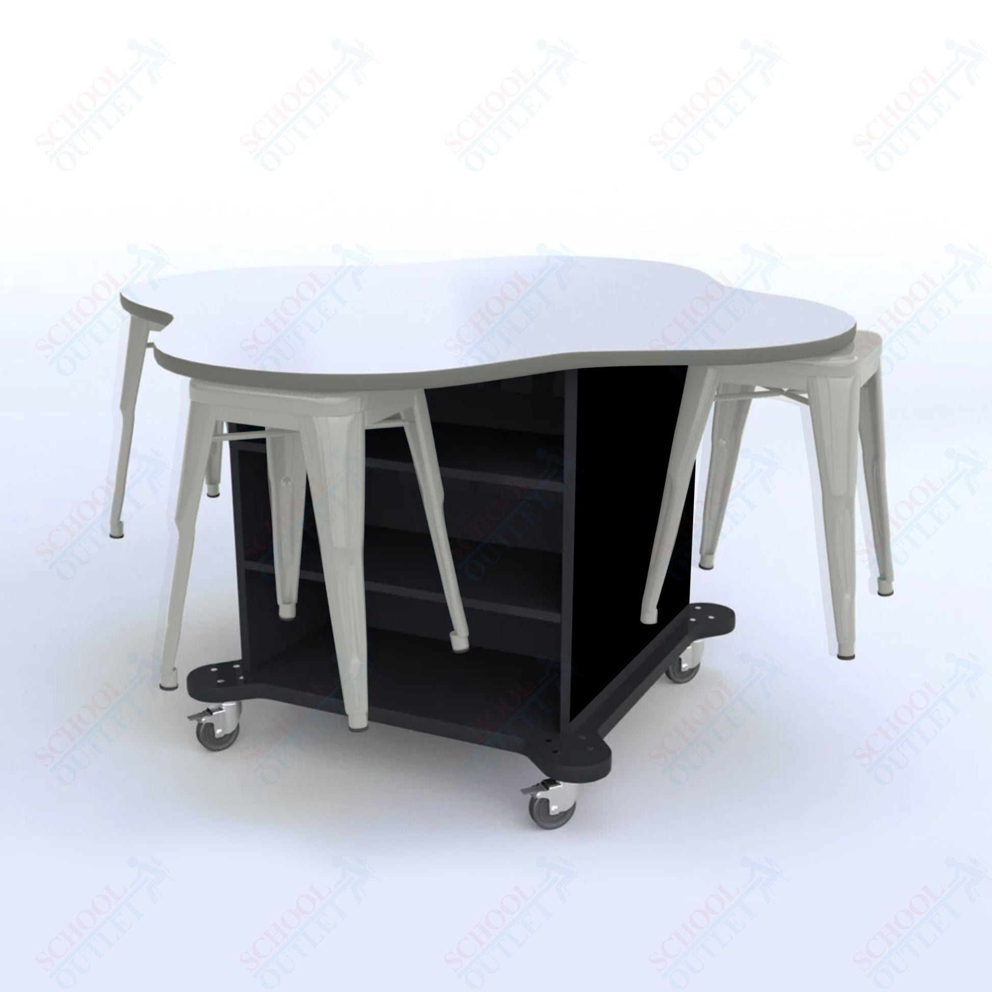 CEF Creation Cube Double - Sided Storage Table - 30"H, White Dry Erase Clover Top, High - Pressure Laminate Base and 4 Metal Stools Included - SchoolOutlet