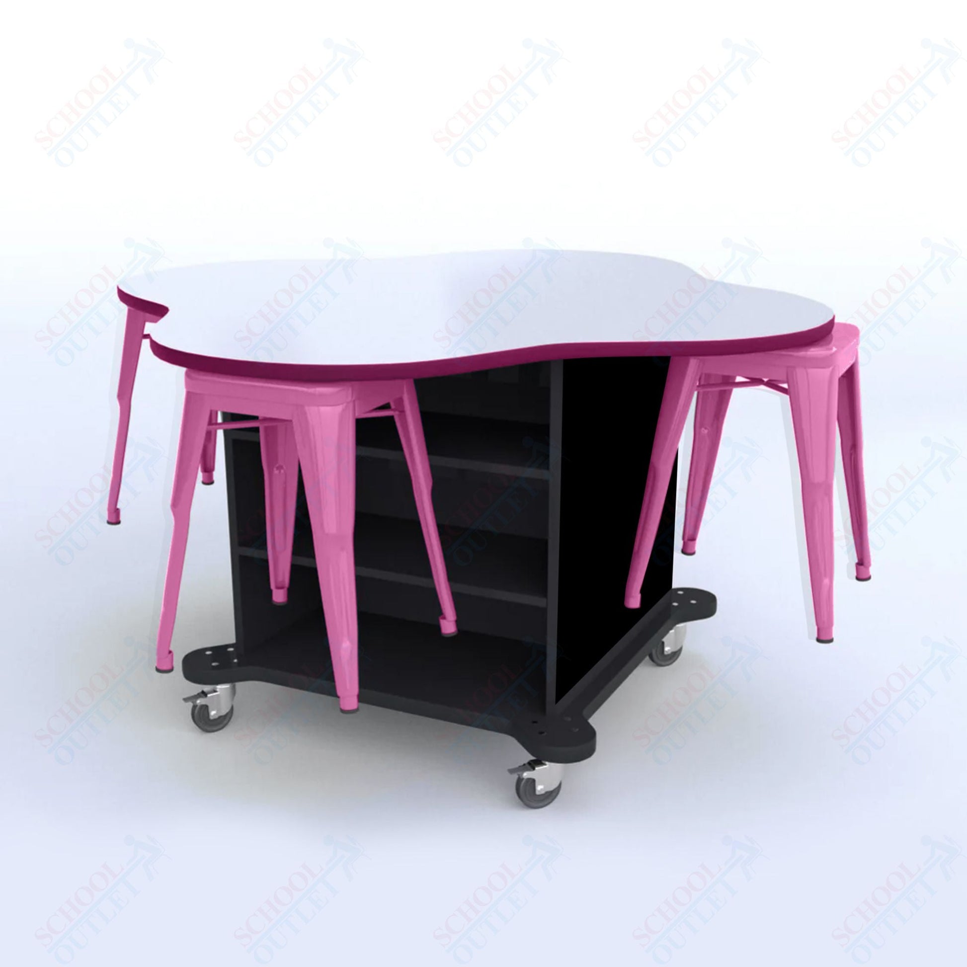 CEF Creation Cube Double - Sided Storage Table - 30"H, White Dry Erase Clover Top, High - Pressure Laminate Base and 4 Metal Stools Included - SchoolOutlet