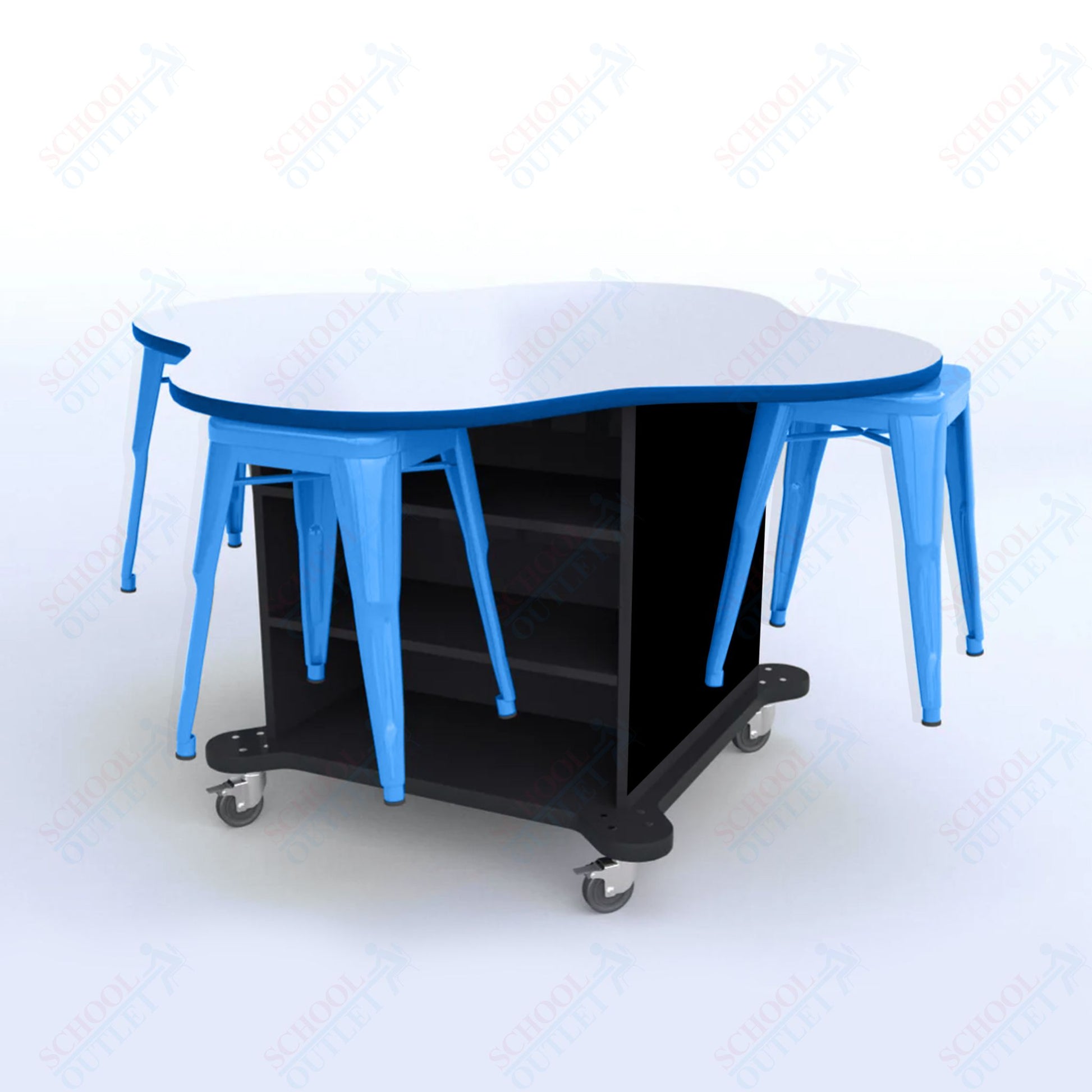 CEF Creation Cube Double - Sided Storage Table - 30"H, White Dry Erase Clover Top, High - Pressure Laminate Base and 4 Metal Stools Included - SchoolOutlet