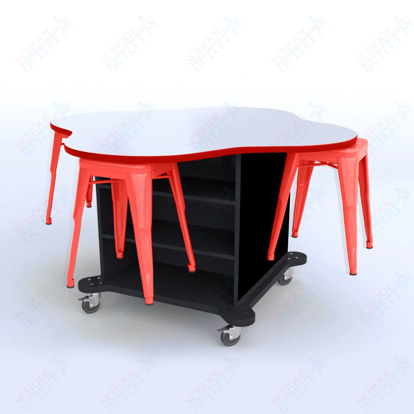 CEF Creation Cube Double - Sided Storage Table - 30"H, White Dry Erase Clover Top, High - Pressure Laminate Base and 4 Metal Stools Included - SchoolOutlet
