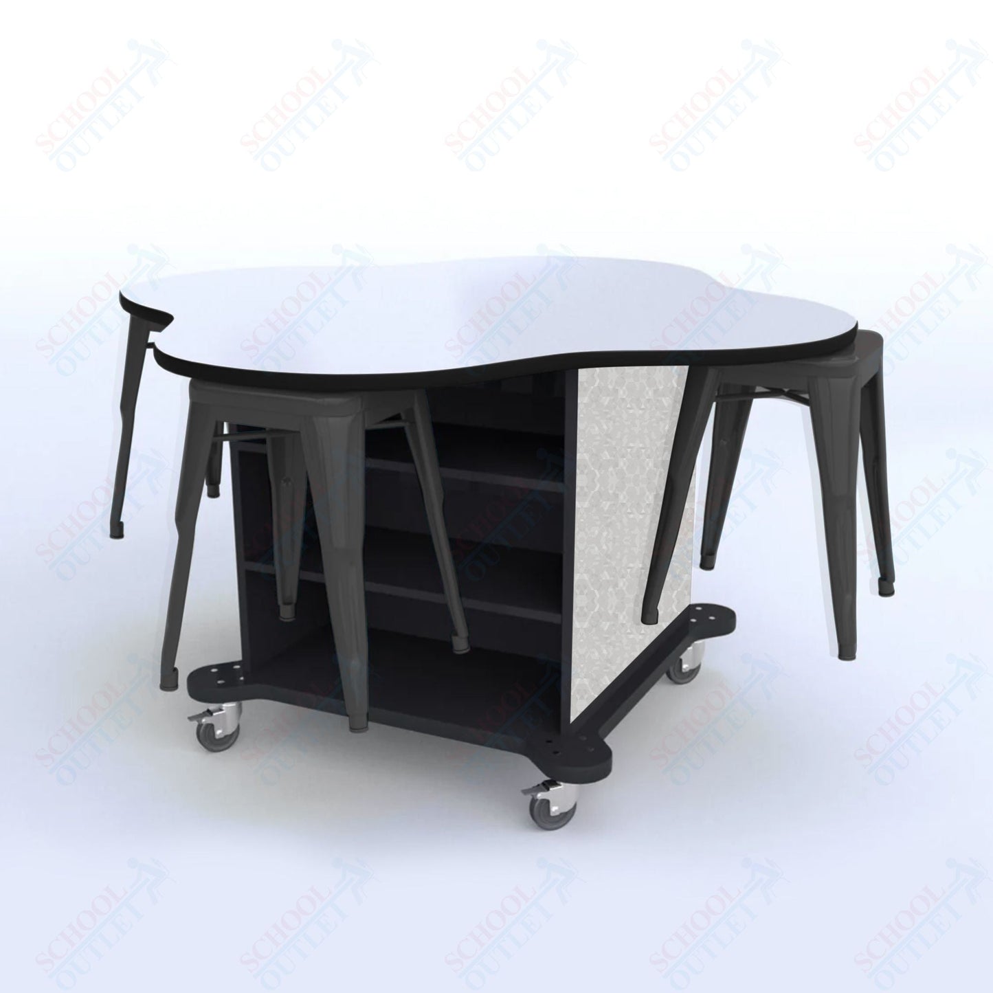 CEF Creation Cube Double - Sided Storage Table - 30"H, White Dry Erase Clover Top, High - Pressure Laminate Base and 4 Metal Stools Included - SchoolOutlet