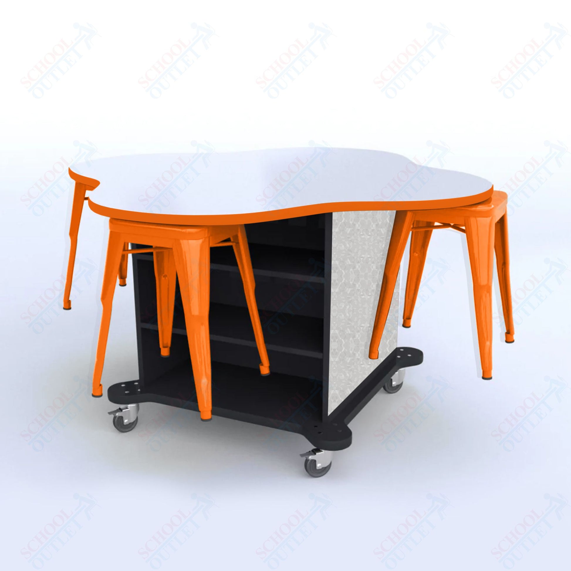 CEF Creation Cube Double - Sided Storage Table - 30"H, White Dry Erase Clover Top, High - Pressure Laminate Base and 4 Metal Stools Included - SchoolOutlet