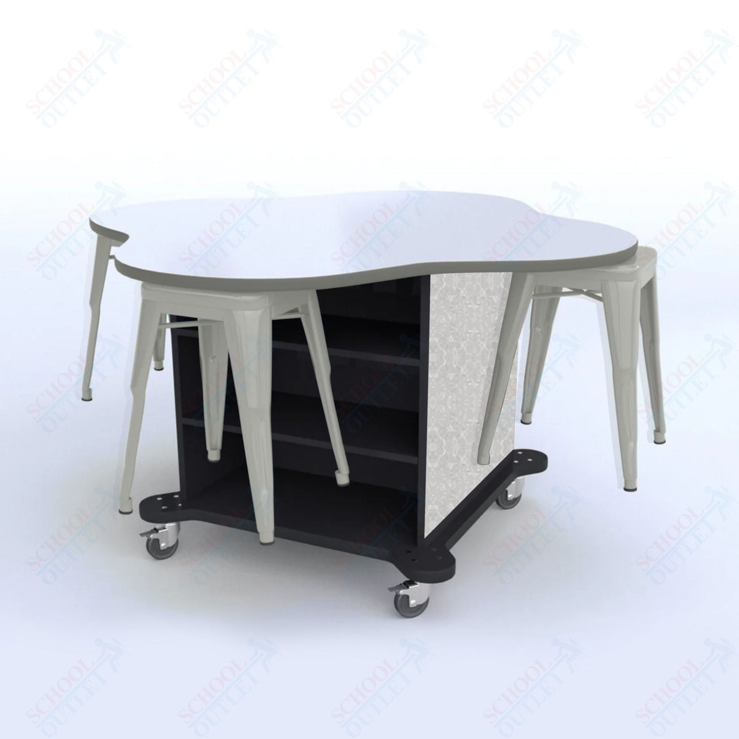 CEF Creation Cube Double - Sided Storage Table - 30"H, White Dry Erase Clover Top, High - Pressure Laminate Base and 4 Metal Stools Included - SchoolOutlet
