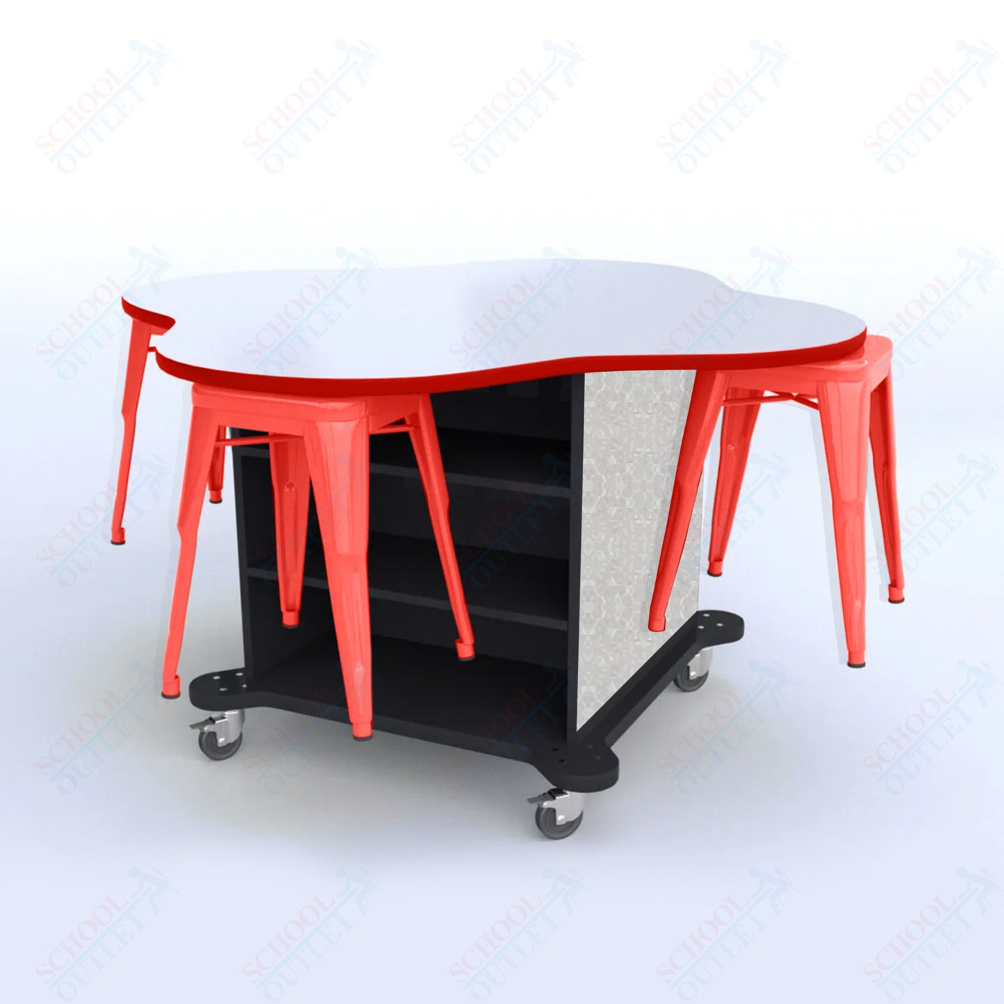 CEF Creation Cube Double - Sided Storage Table - 30"H, White Dry Erase Clover Top, High - Pressure Laminate Base and 4 Metal Stools Included - SchoolOutlet
