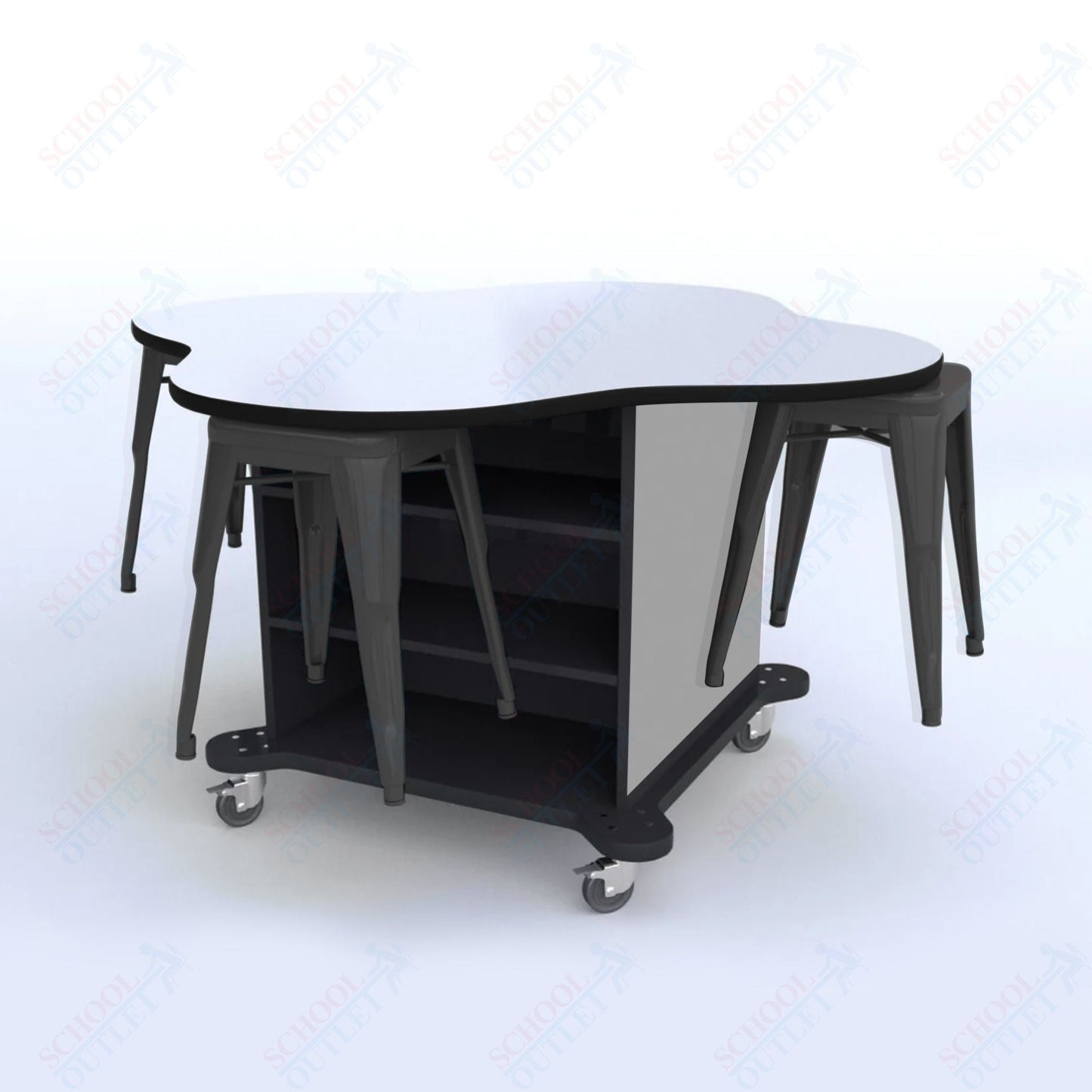 CEF Creation Cube Double - Sided Storage Table - 30"H, White Dry Erase Clover Top, High - Pressure Laminate Base and 4 Metal Stools Included - SchoolOutlet