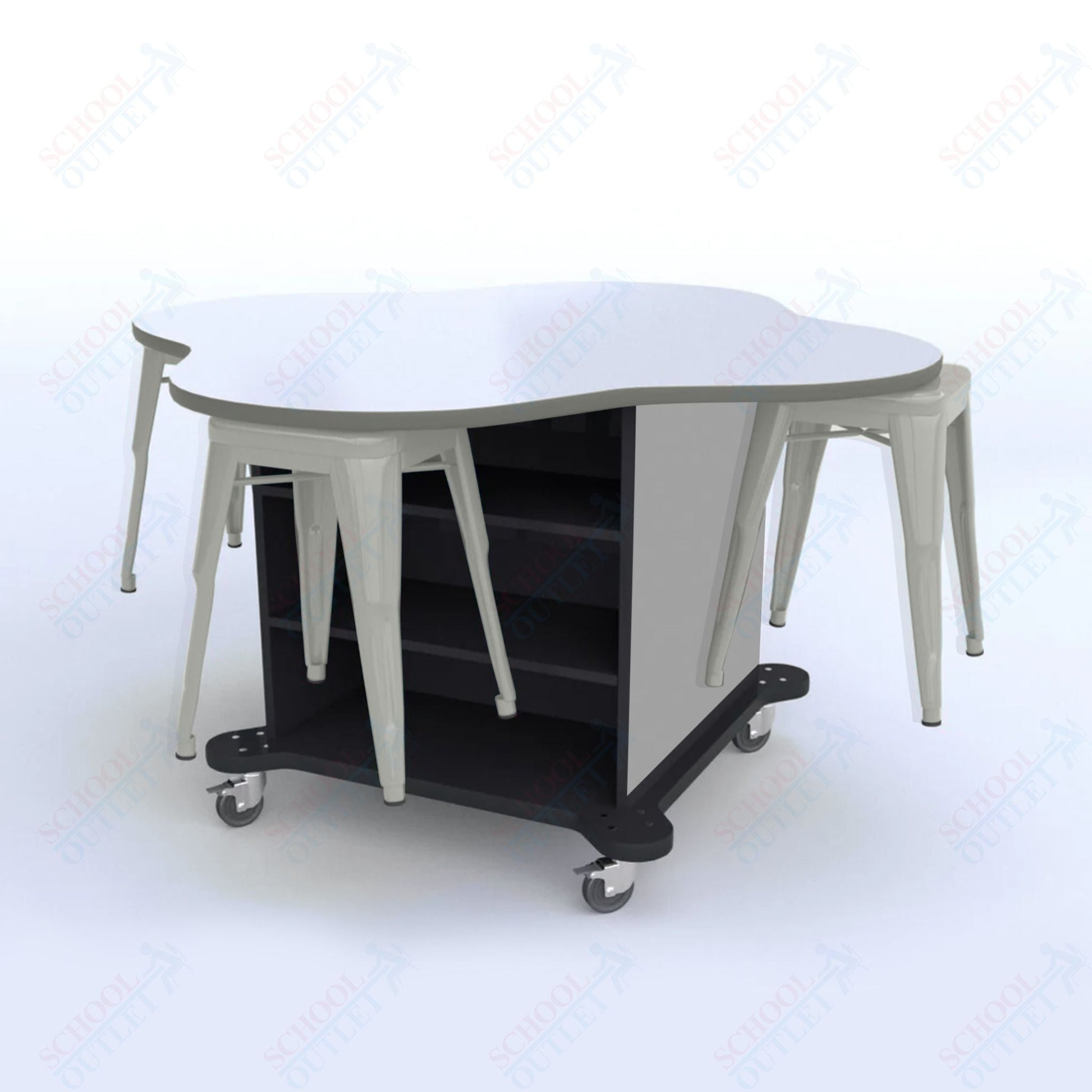 CEF Creation Cube Double - Sided Storage Table - 30"H, White Dry Erase Clover Top, High - Pressure Laminate Base and 4 Metal Stools Included - SchoolOutlet