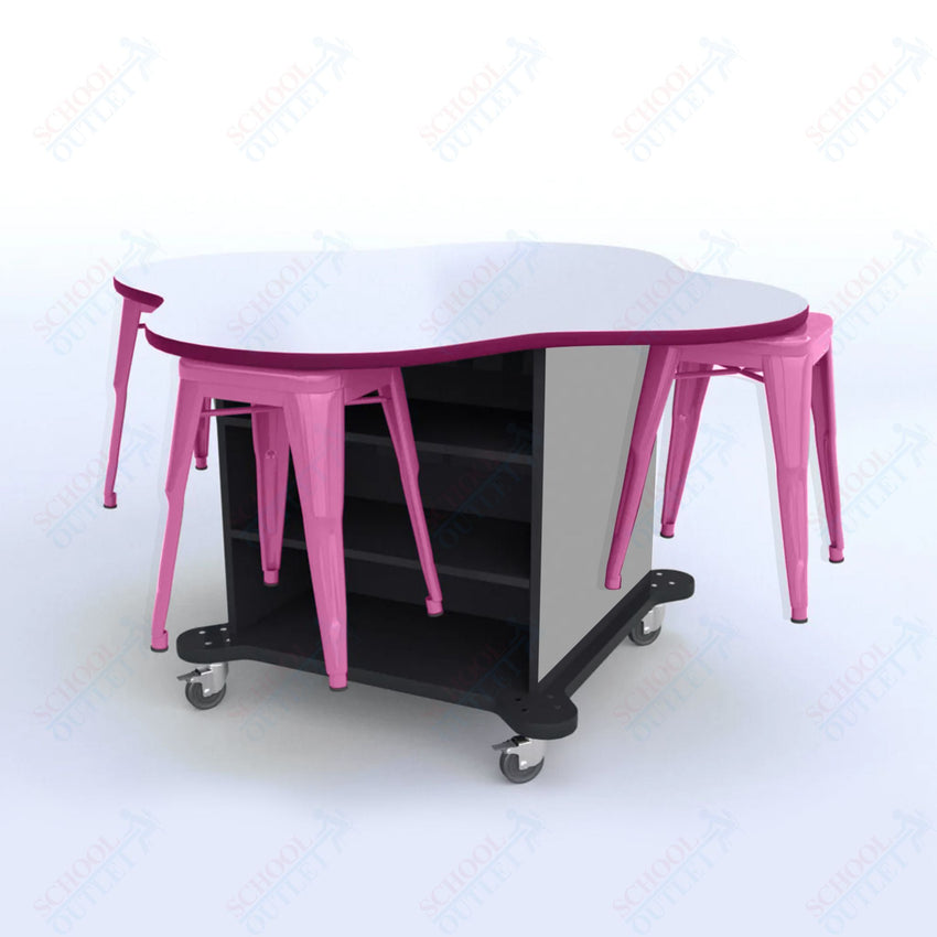 CEF Creation Cube Double - Sided Storage Table - 30"H, White Dry Erase Clover Top, High - Pressure Laminate Base and 4 Metal Stools Included - SchoolOutlet