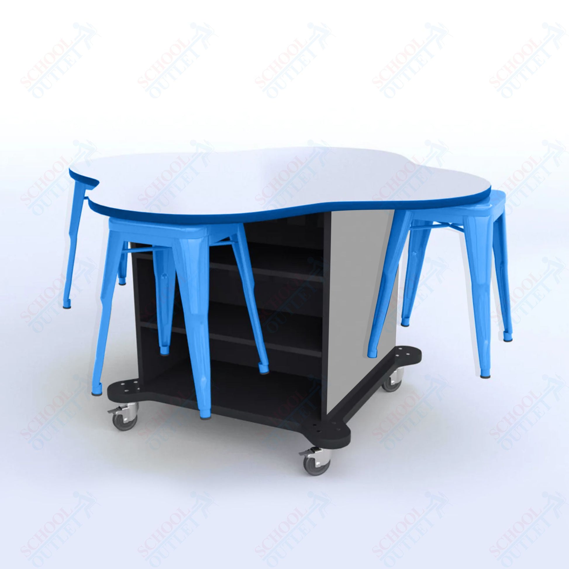 CEF Creation Cube Double - Sided Storage Table - 30"H, White Dry Erase Clover Top, High - Pressure Laminate Base and 4 Metal Stools Included - SchoolOutlet