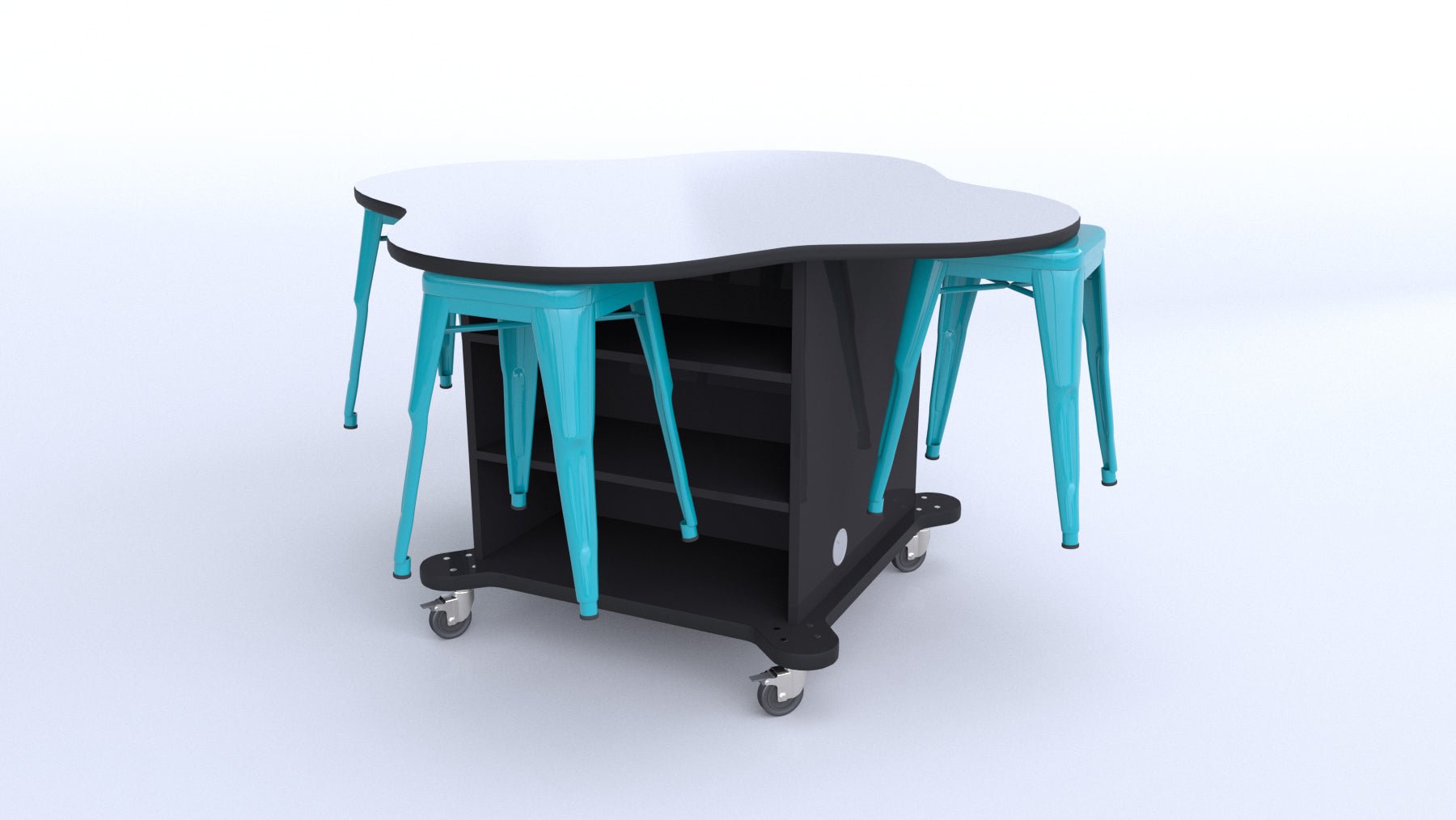 CEF Creation Cube Double-Sided Storage Table - 30"H, White Dry Erase Clover Top, High-Pressure Laminate Base and 4 Metal Stools Included - SchoolOutlet