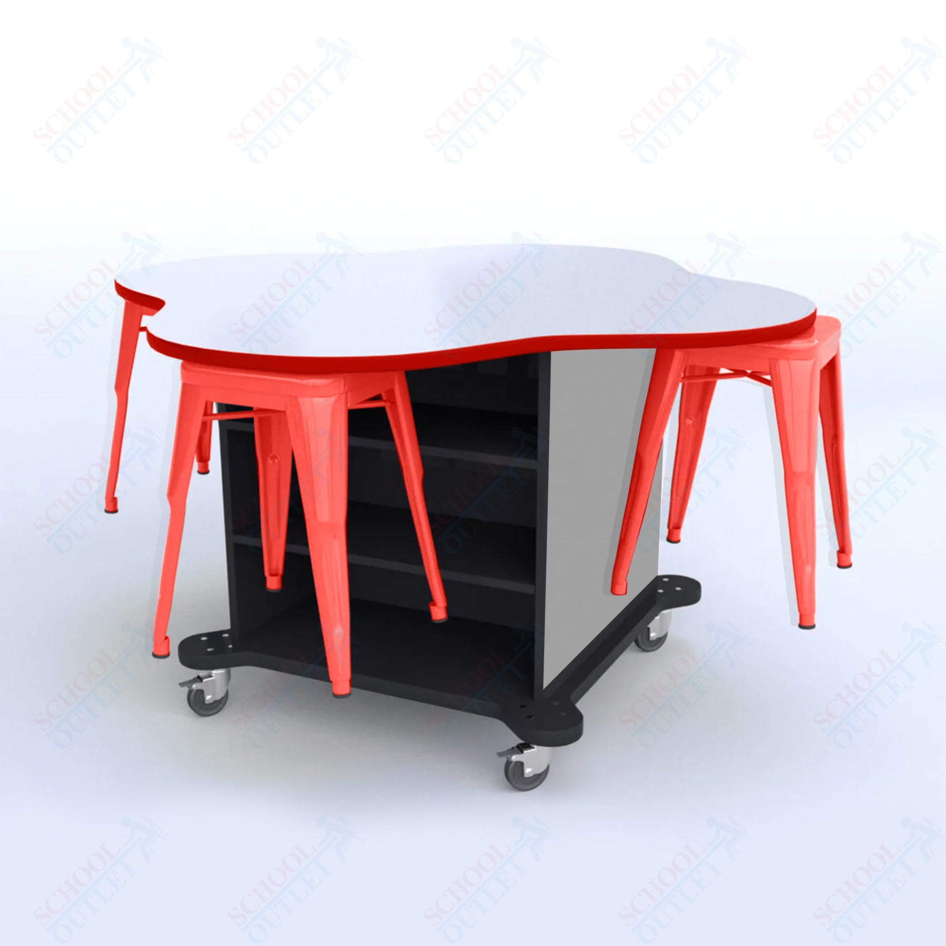CEF Creation Cube Double - Sided Storage Table - 30"H, White Dry Erase Clover Top, High - Pressure Laminate Base and 4 Metal Stools Included - SchoolOutlet