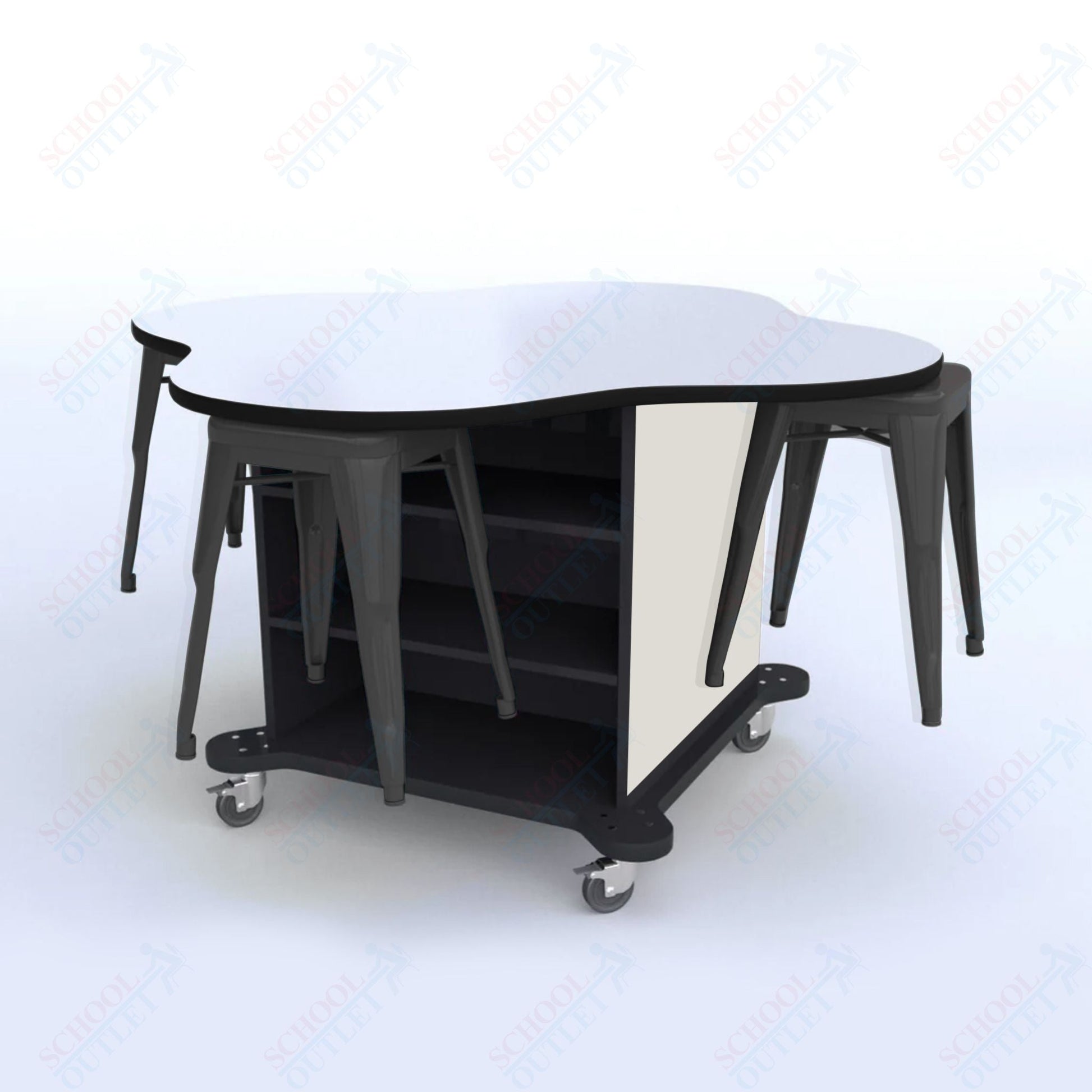 CEF Creation Cube Double - Sided Storage Table - 30"H, White Dry Erase Clover Top, High - Pressure Laminate Base and 4 Metal Stools Included - SchoolOutlet