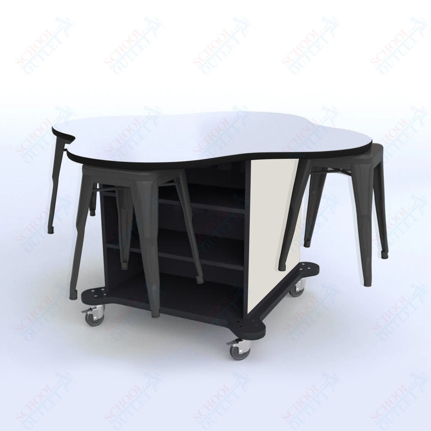 CEF Creation Cube Double - Sided Storage Table - 30"H, White Dry Erase Clover Top, High - Pressure Laminate Base and 4 Metal Stools Included - SchoolOutlet